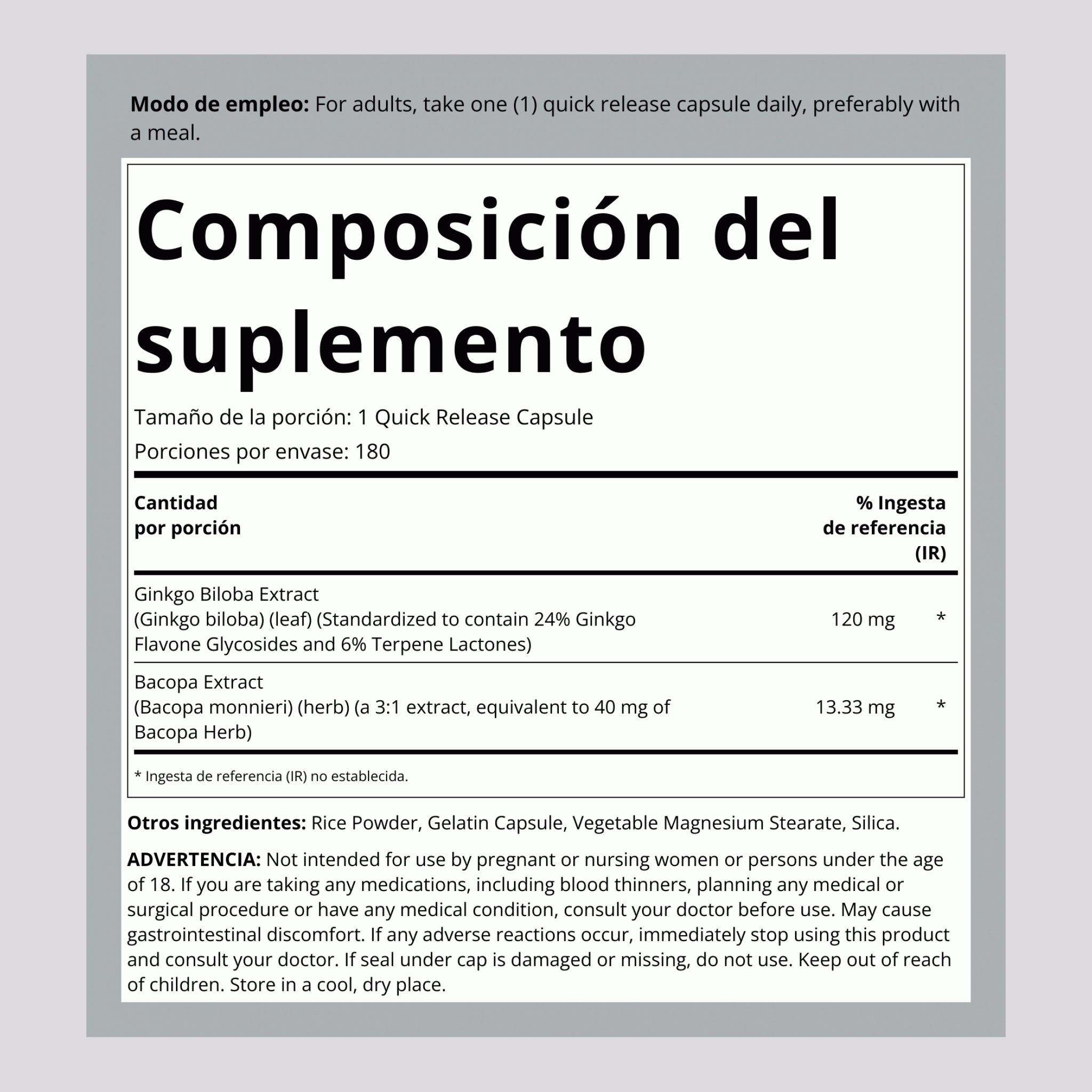 Extracto de Ginkgo Biloba Estandarizado 120 mg 180 Cápsulas     