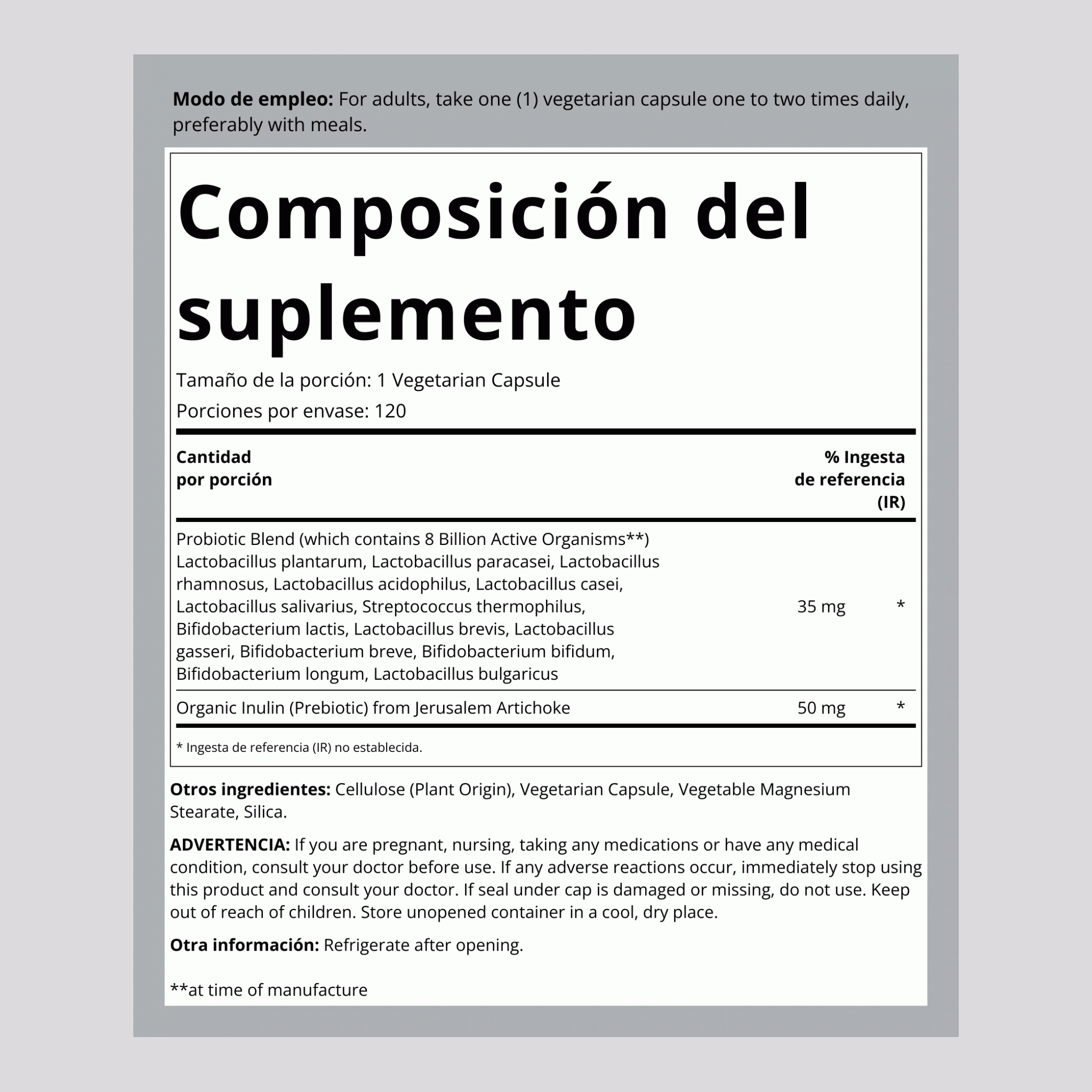 Probiotic 8 000 millones 120 Cápsulas vegetarianas       