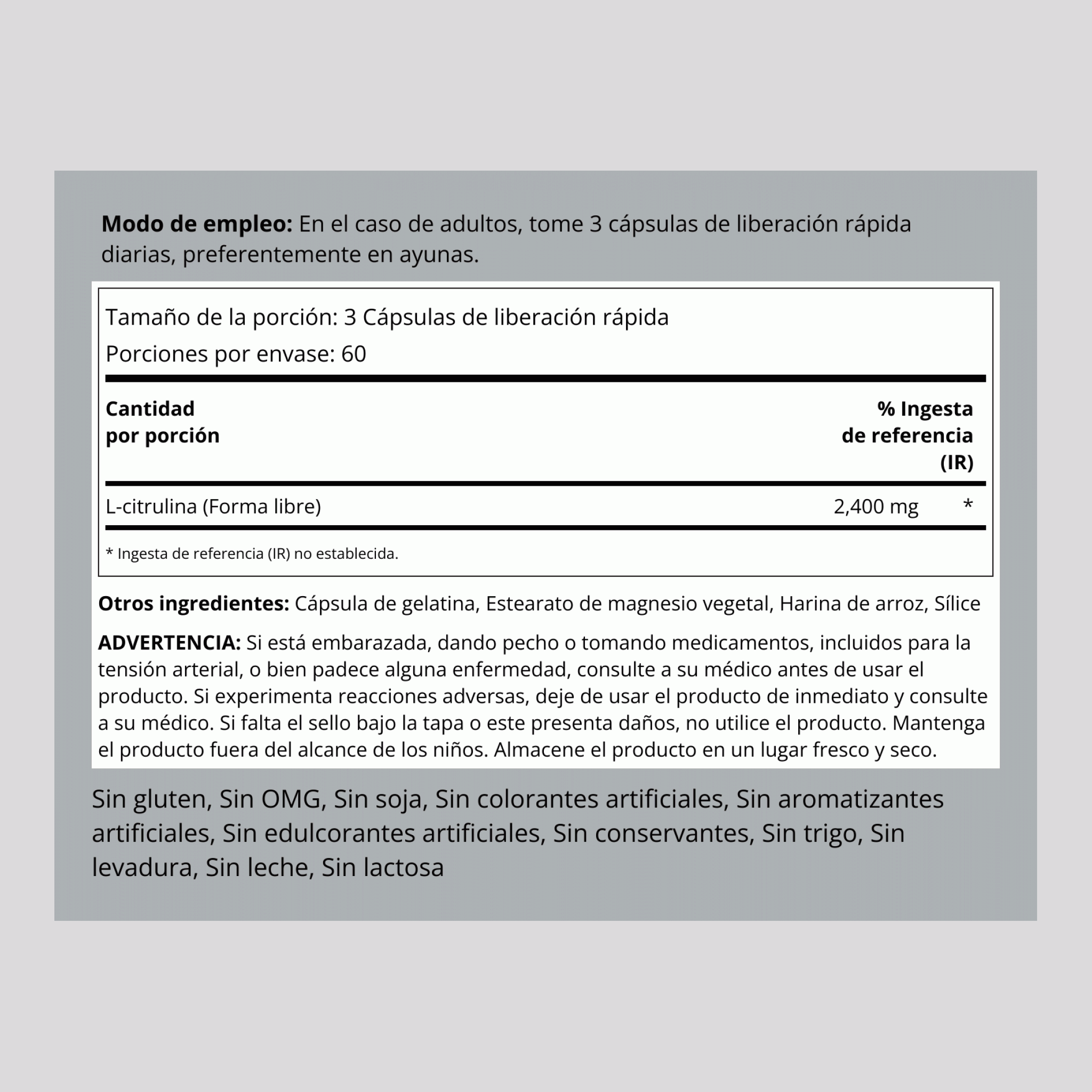 L-Citrulina  2400 mg (por porción) 180 Cápsulas de liberación rápida     