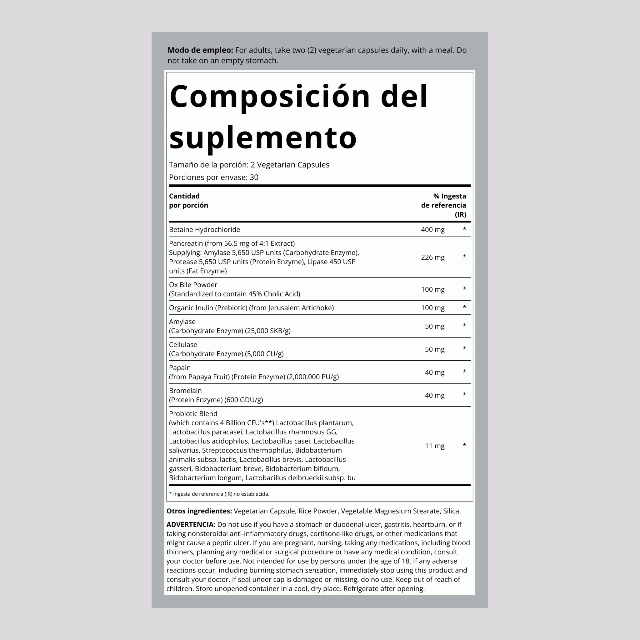 Fórmula multienzimática Complete Digestant 60 Cápsulas de liberación rápida       