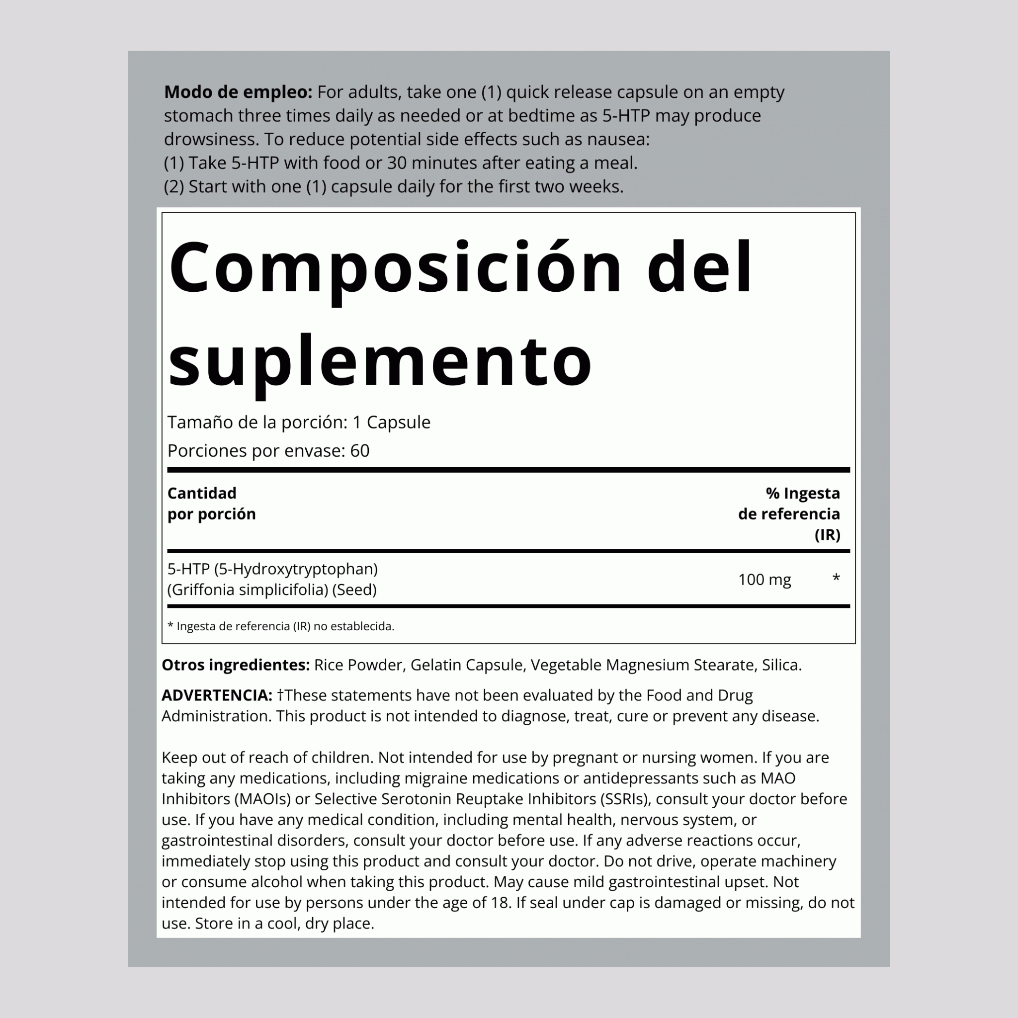 5-HTP  100 mg 60 Cápsulas de liberación rápida     