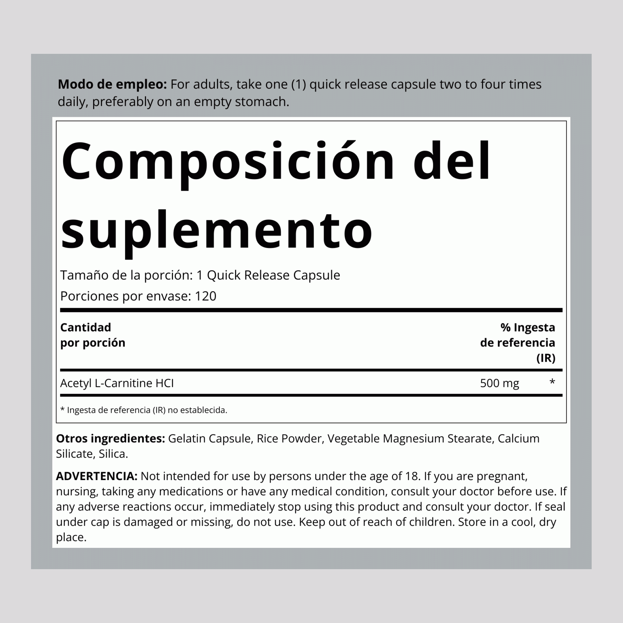 Acetil L-carnitina  500 mg 120 Cápsulas de liberación rápida     