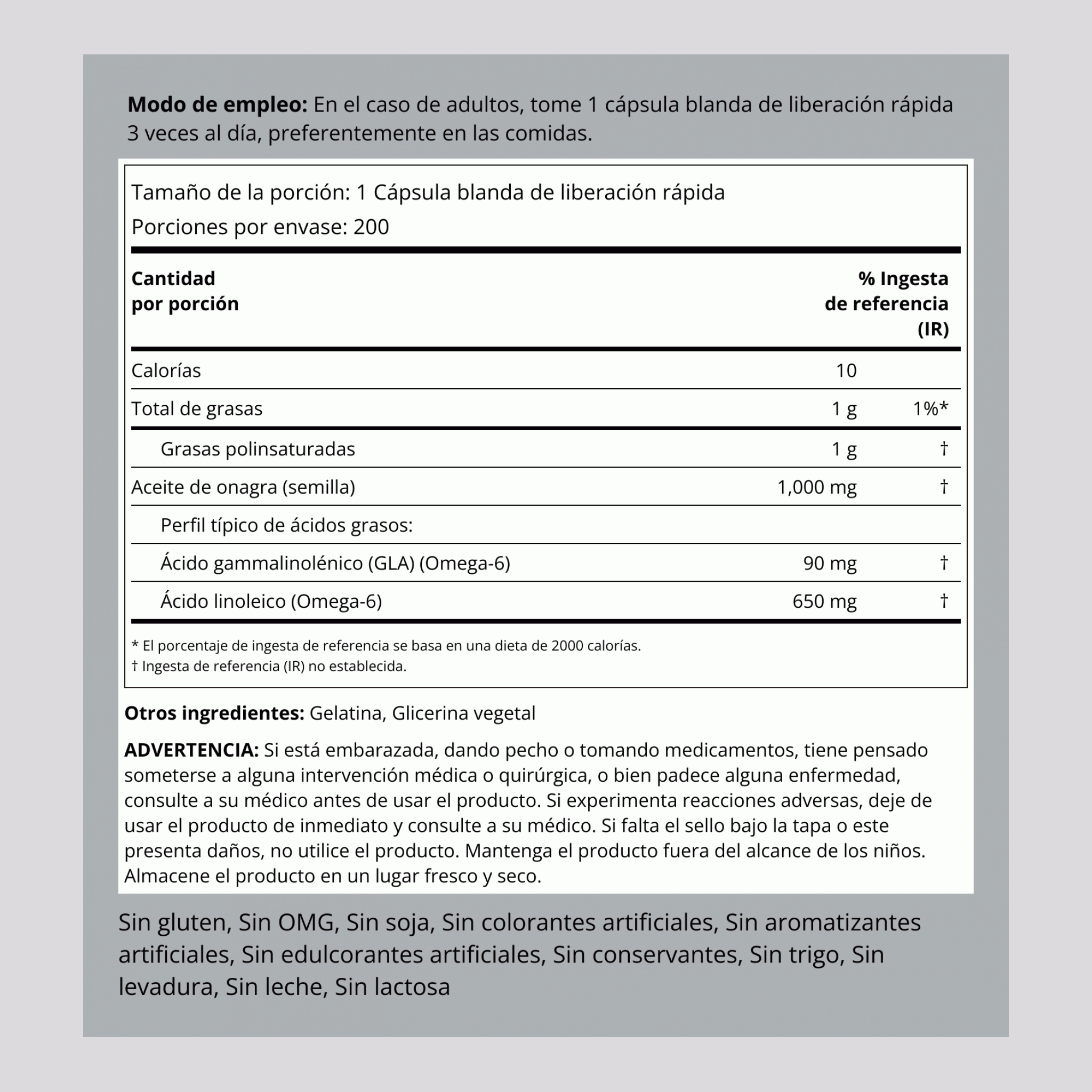 Aceite de onagra 1000 mg 200 Cápsulas blandas de liberación rápida     