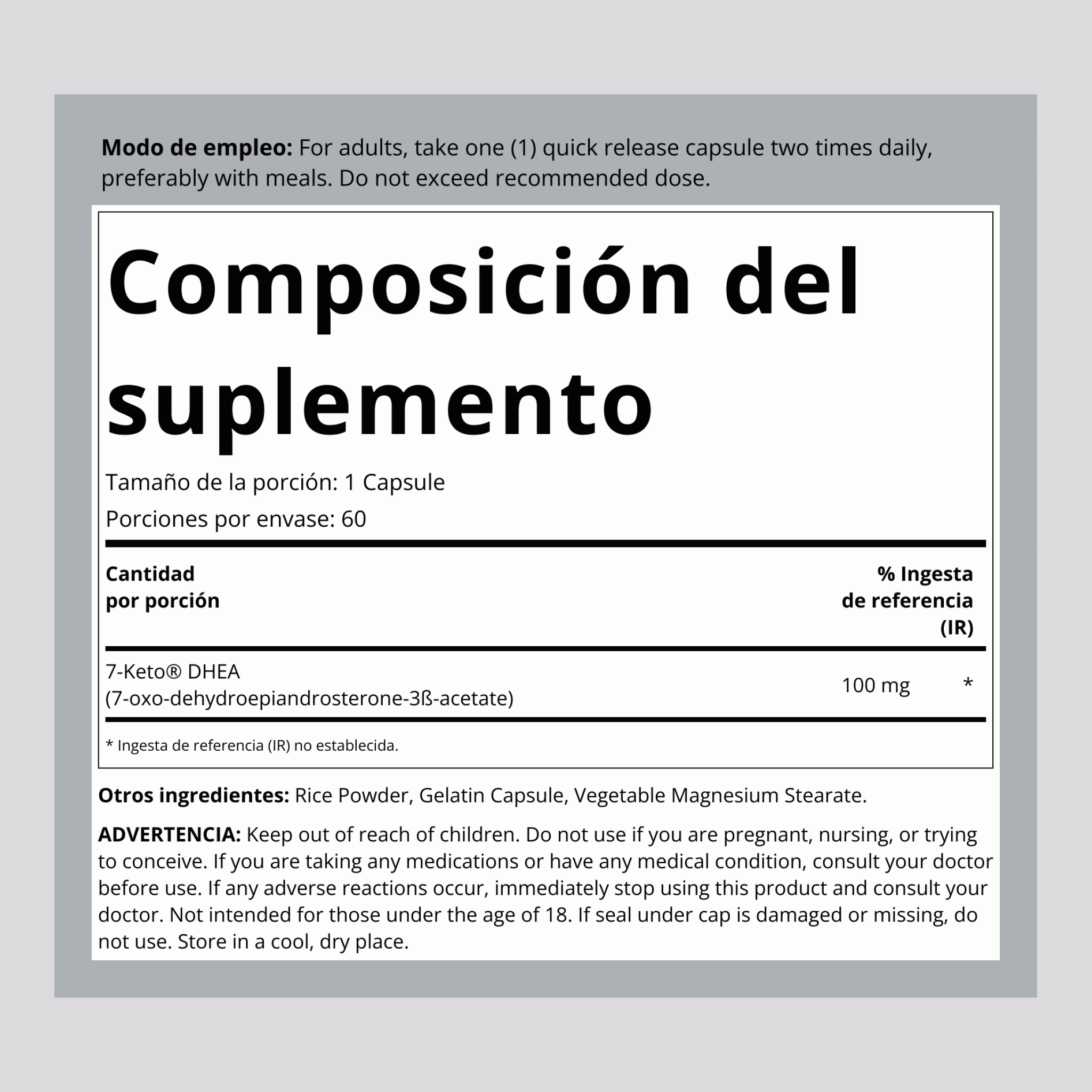 7-Keto DHEA  100 mg 60 Cápsulas de liberación rápida     