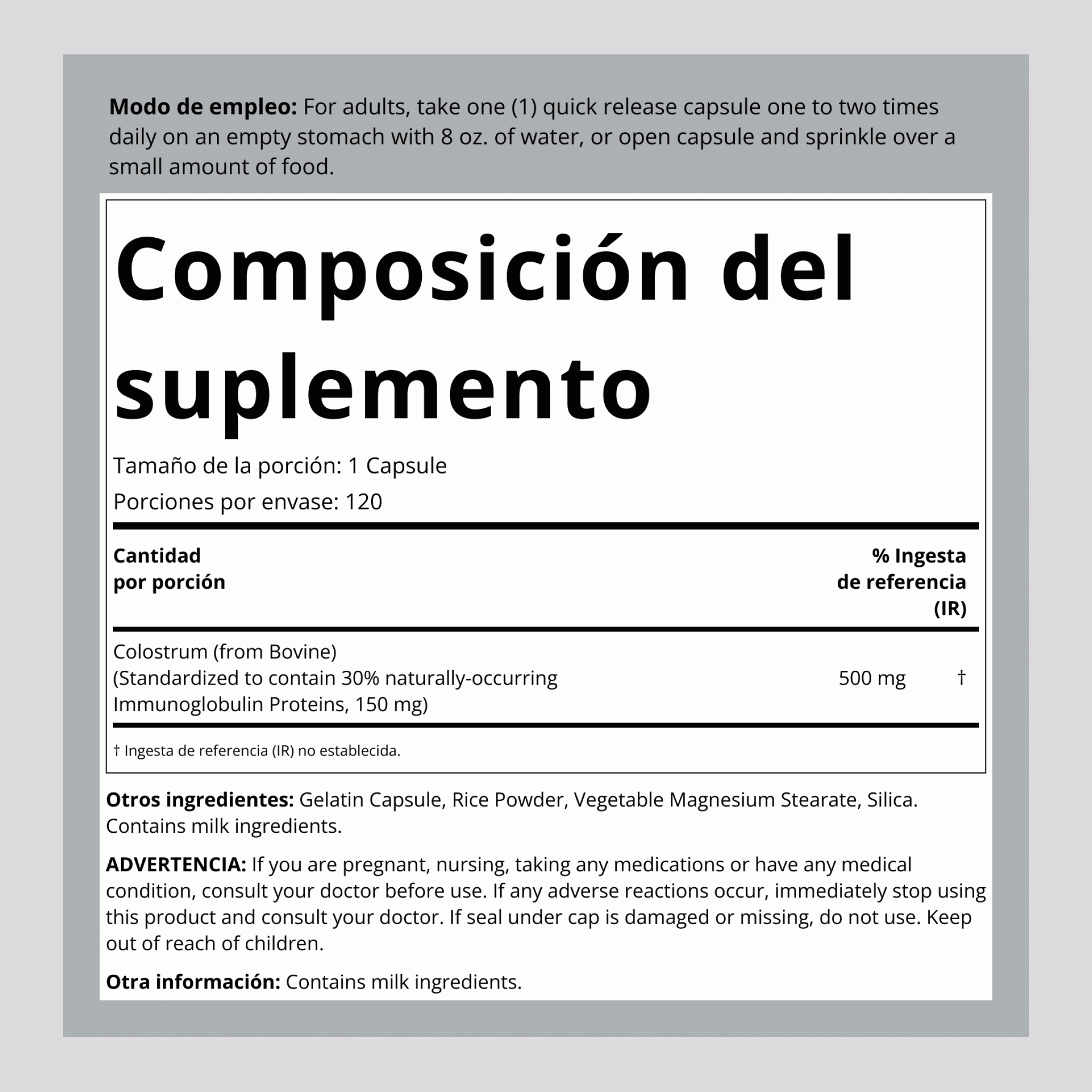 Calostro 500 mg 120 Cápsulas de liberación rápida     