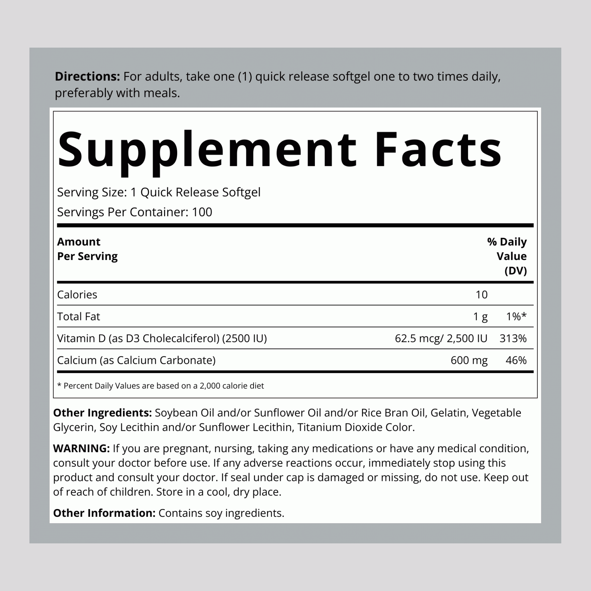 Calcium 600 mg with Vitamin D3 2500 IU, 100 Quick Release Softgels