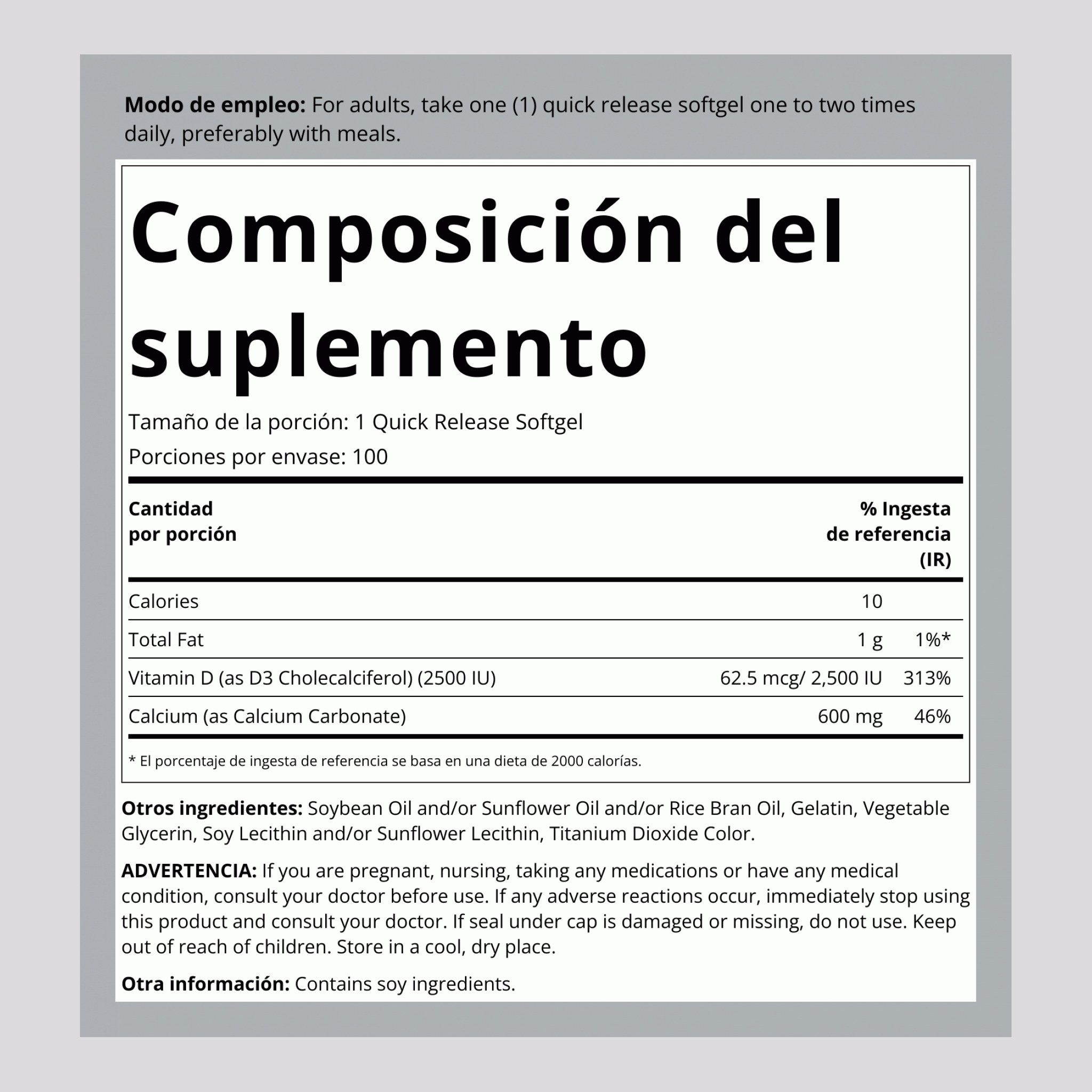 Calcio, 600 mg, con 2500 IU de vitamina D3 100 Cápsulas blandas de liberación rápida       