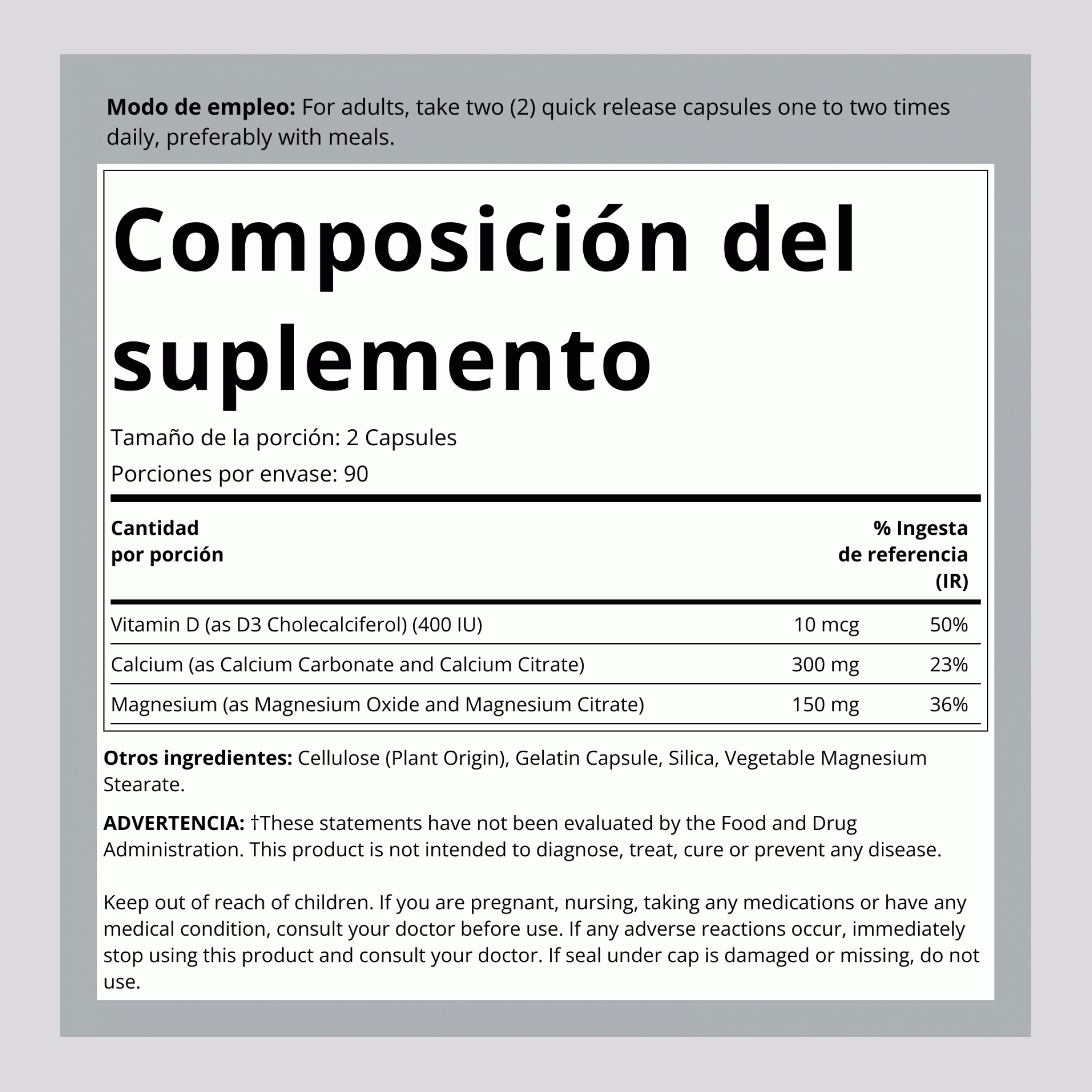 Citrato de calcio + vitamina D3 & Magnesio 180 Cápsulas de liberación rápida       