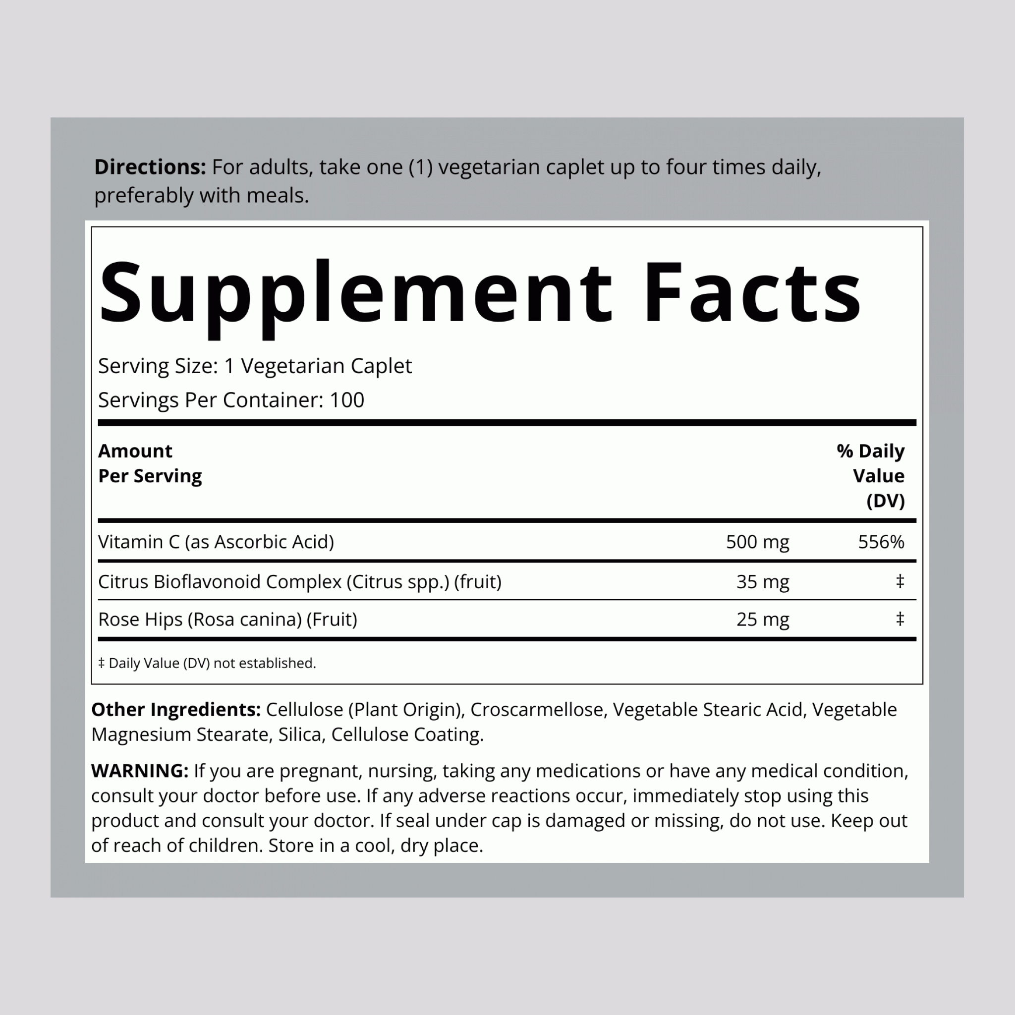 Vitamin C 500 mg plus Rose Hips & Bioflavonoids, 100 Vegetarian Caplets