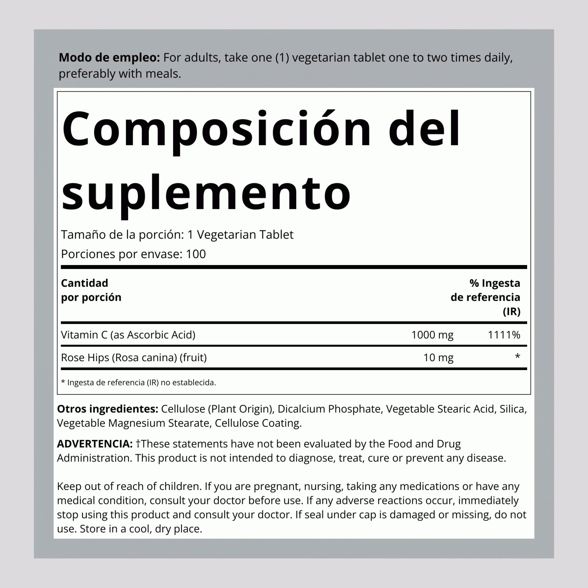 Vitamina C 1000 mg con bioflavonoides y escaramujos de liberación prolongada 100 Tabletas vegetarianas       