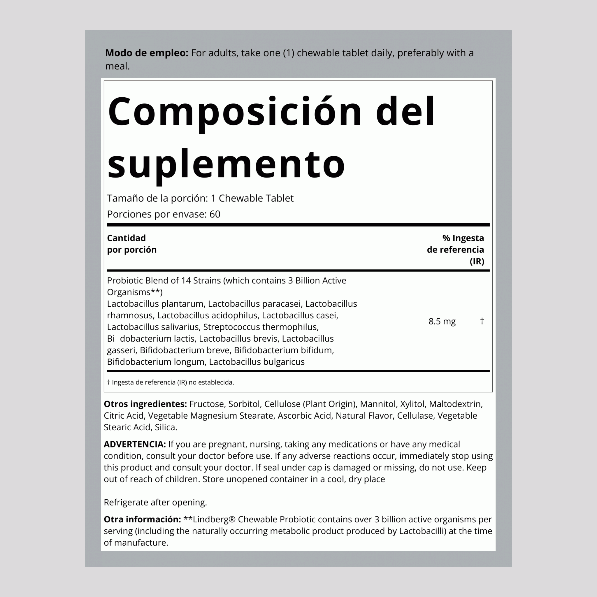 Comprimidos masticables con probióticos, 3000 millones de organismos y 14 cepas (sabor natural a baya) 60 Tabletas masticables       