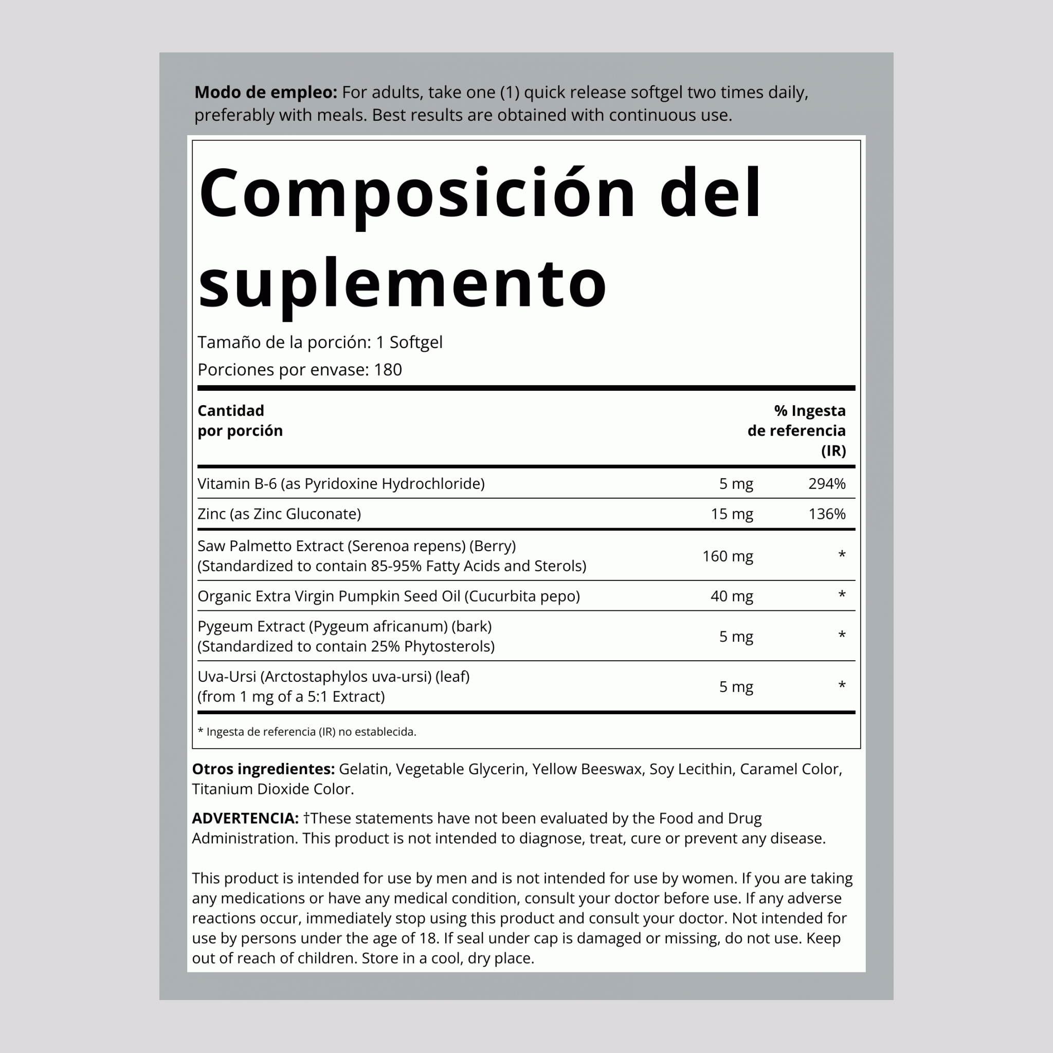 Extracto estandarizado de compuesto de serenoa 160 mg 180 Perlas     