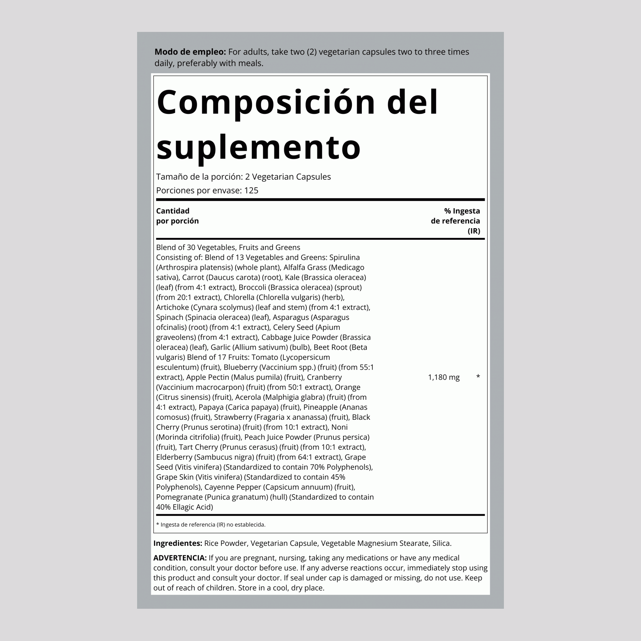 Frutas y verduras para una buena salud 250 Cápsulas de liberación rápida       