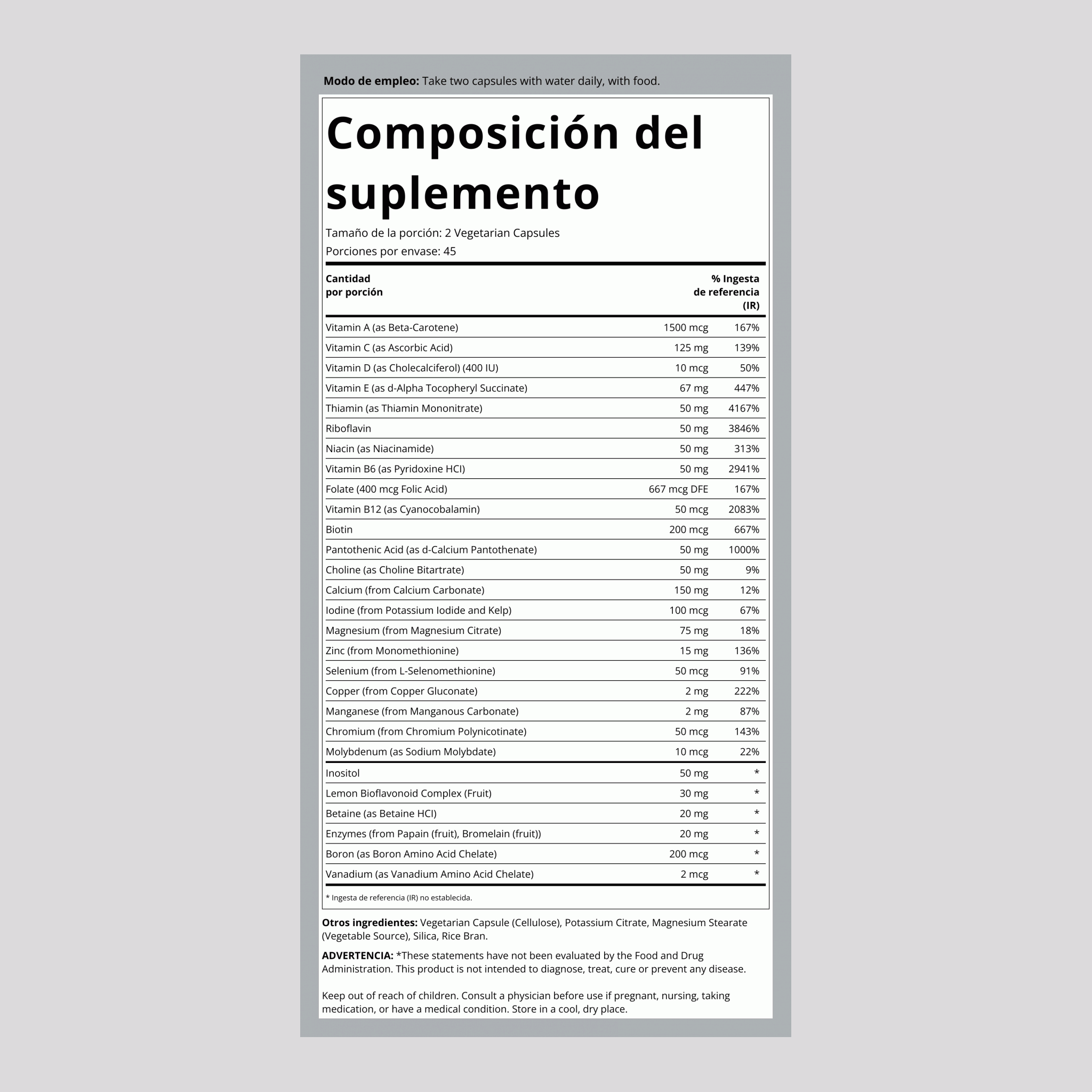 Cápsulas multivitaminas sin hierro 90 Cápsulas vegetarianas       