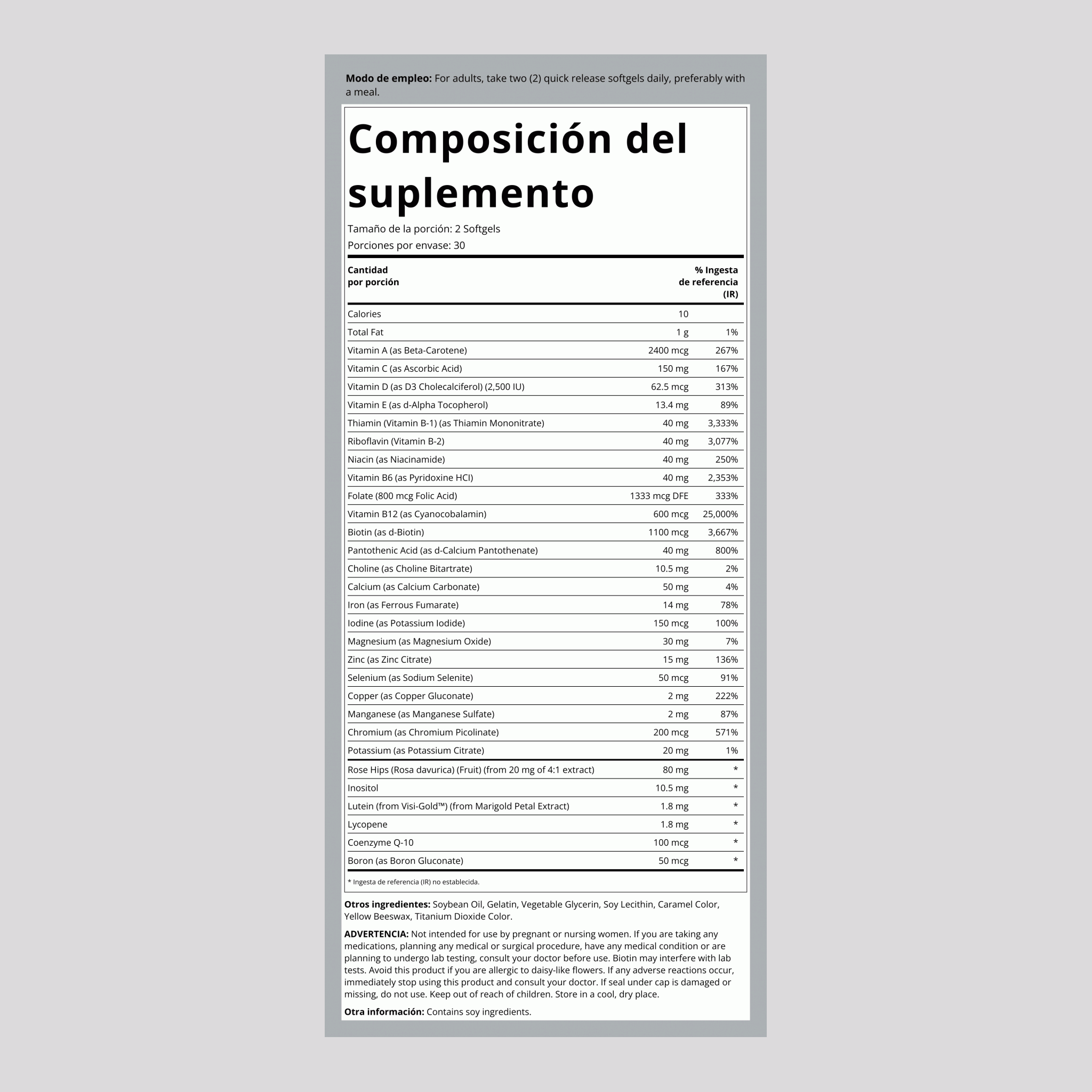 Cápsulas blandas multivitaminas con luteína y licopeno 60 Cápsulas blandas de liberación rápida       