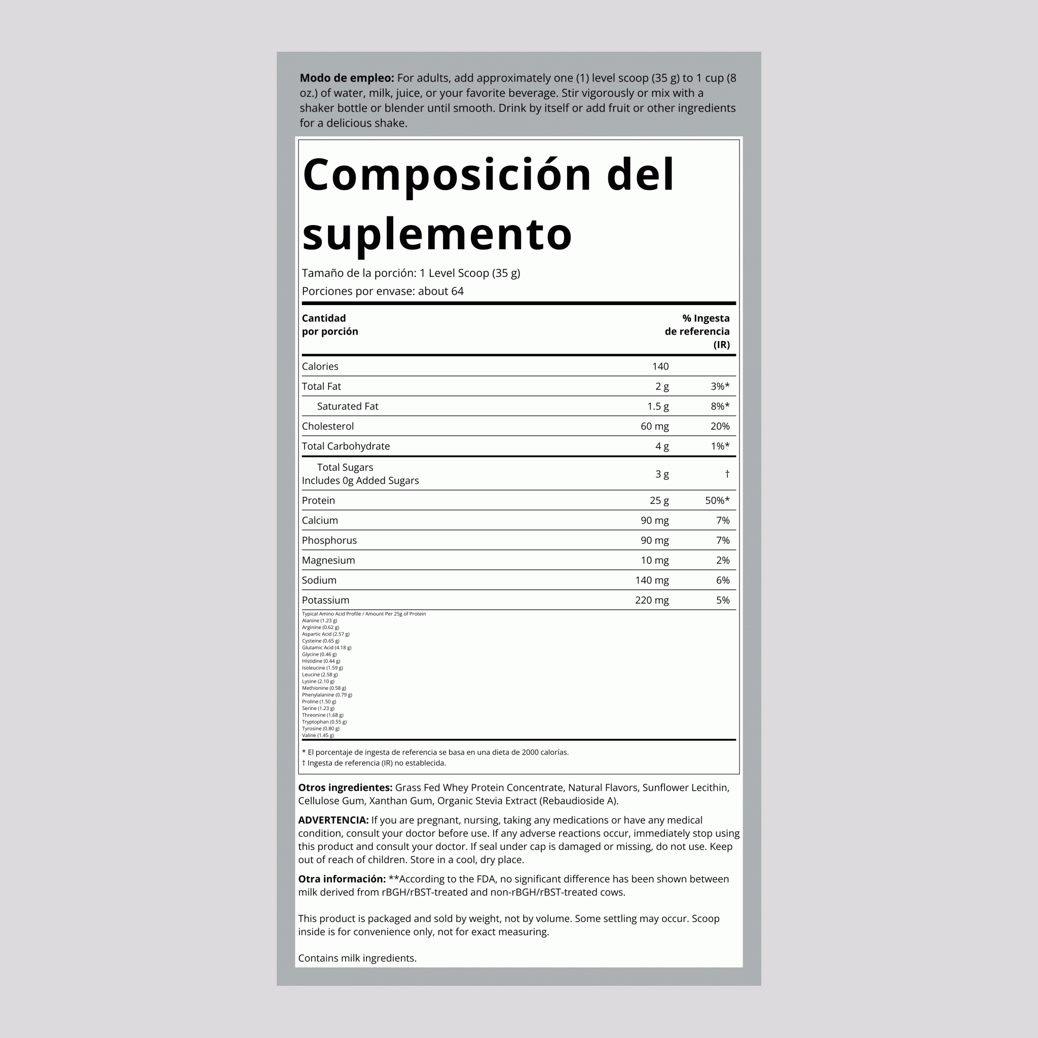 Proteína lactosérica en polvo (vainilla natural) 5 lb 2.268 Kg Botella/Frasco    