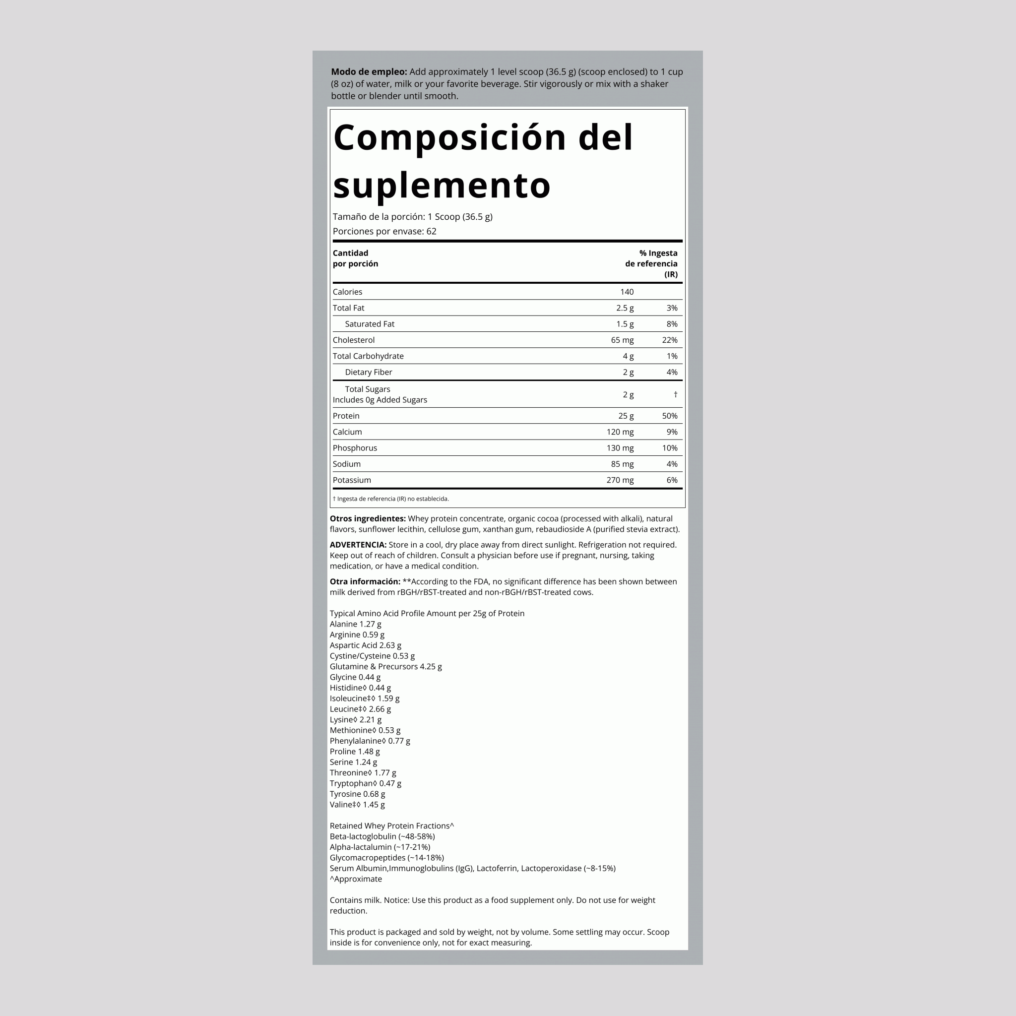 Proteína lactosérica en polvo (chocolate natural) 5 lb 2.268 Kg Botella/Frasco    