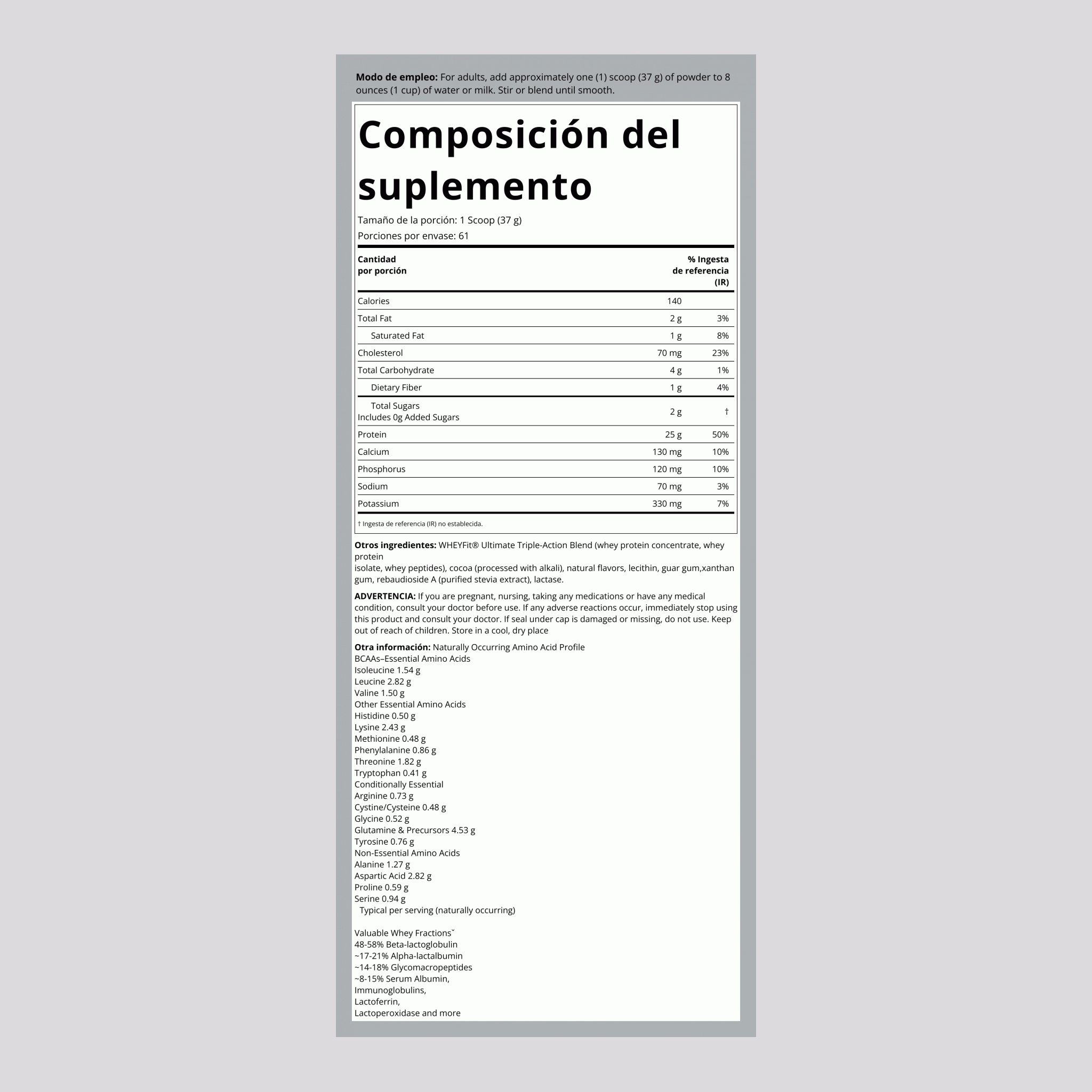 Proteína WheyFit (chocolate natural) 5 lbs 2.268 Kg Botella/Frasco    