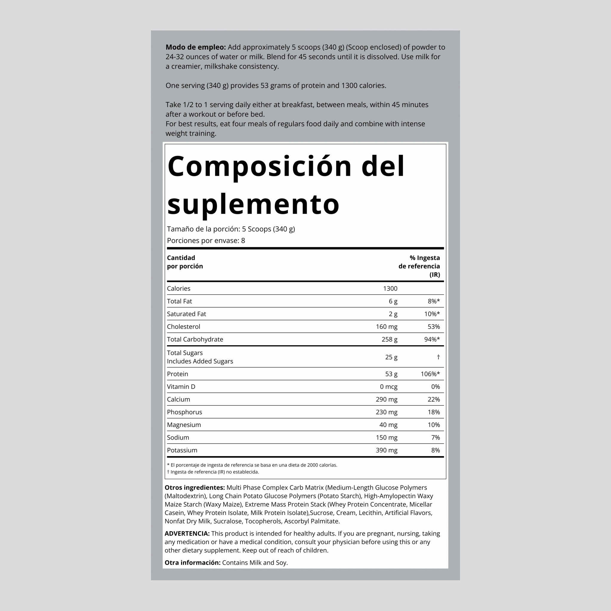 Polvo para aumentar de peso Mass Gainer 1300 (sabor Massive Vanilla) 6 lb 2.721 Kg Botella/Frasco    