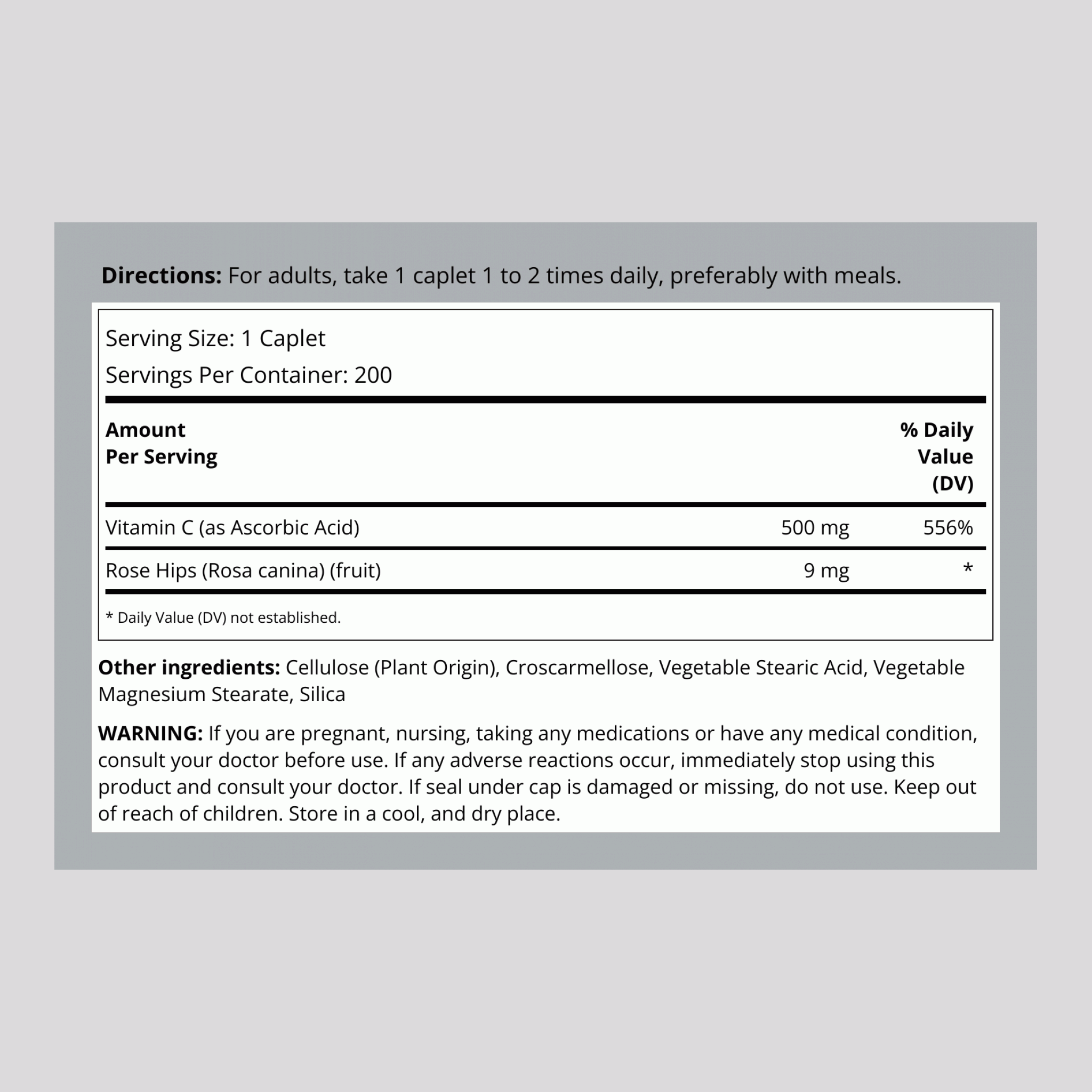 Vitamin C 500 mg with Wild Rose Hips, 200 Caplets