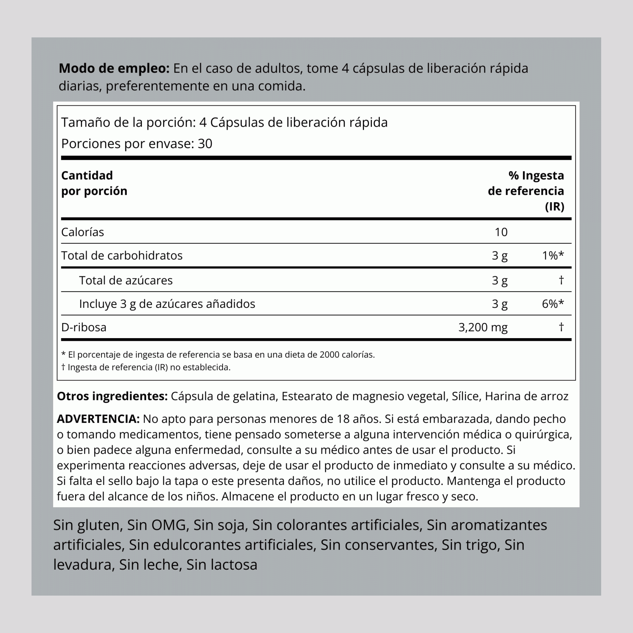 D-Ribosa - 100 % pura 1600 mg (por porción) 120 Cápsulas de liberación rápida     