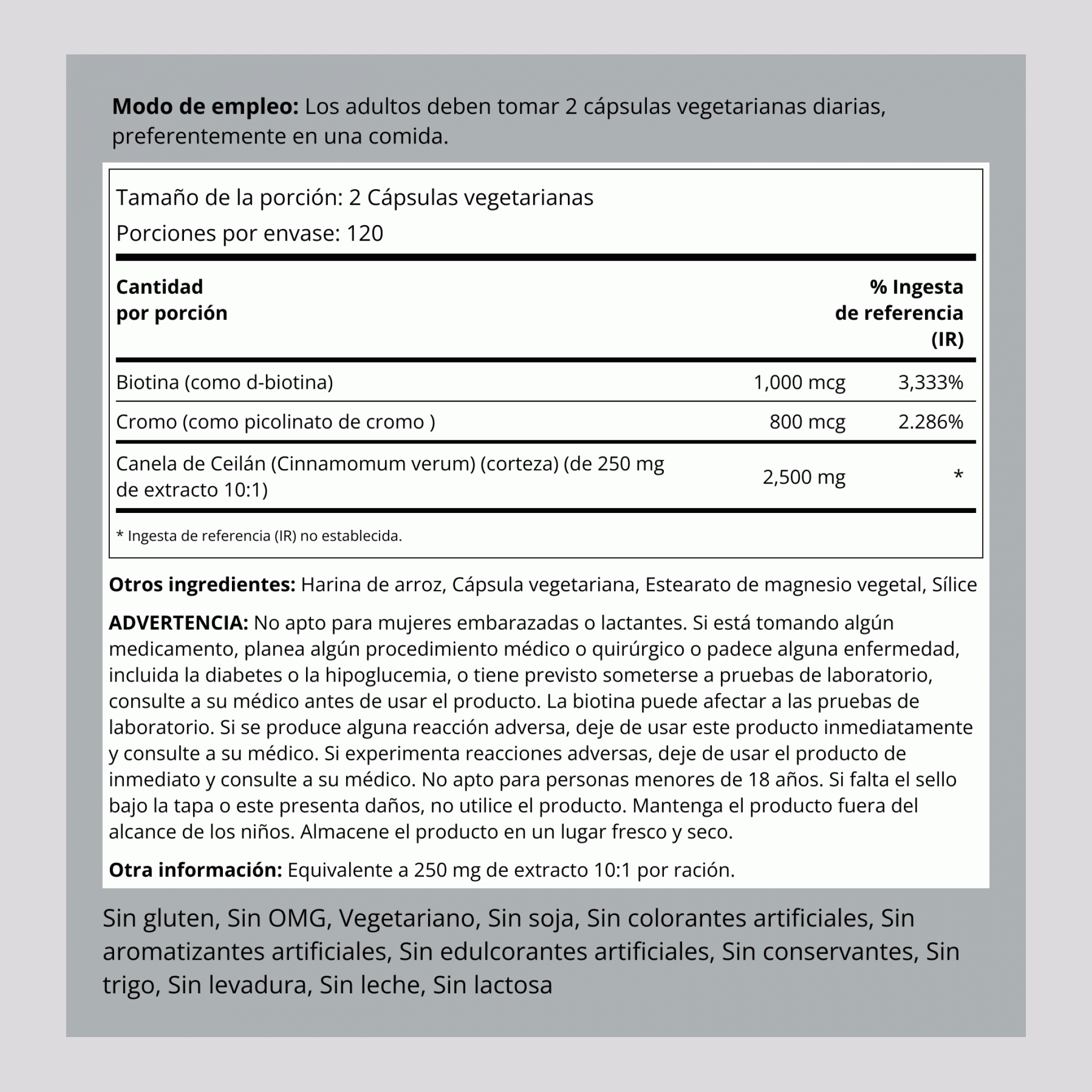 Complejo de canela Super con cromo y biotina 2500 mg (por porción) 240 Cápsulas vegetarianas     