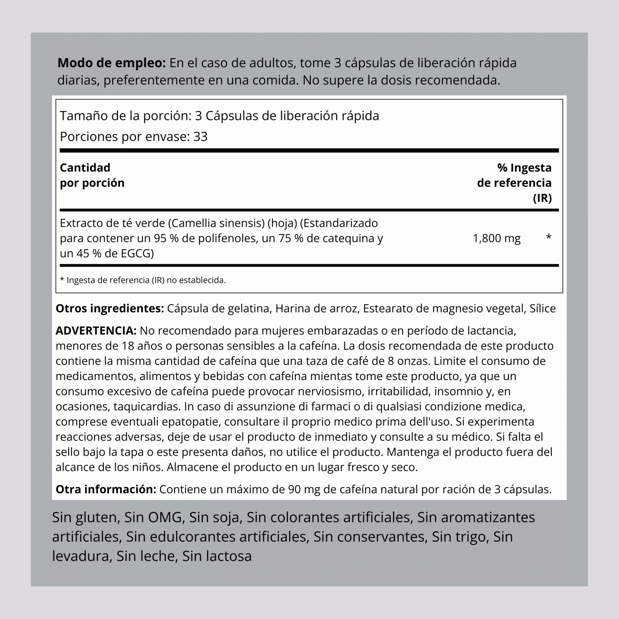 Extracto de té verde EGCG - Extracto estandarizado 1800 mg (por porción) 100 Cápsulas de liberación rápida     