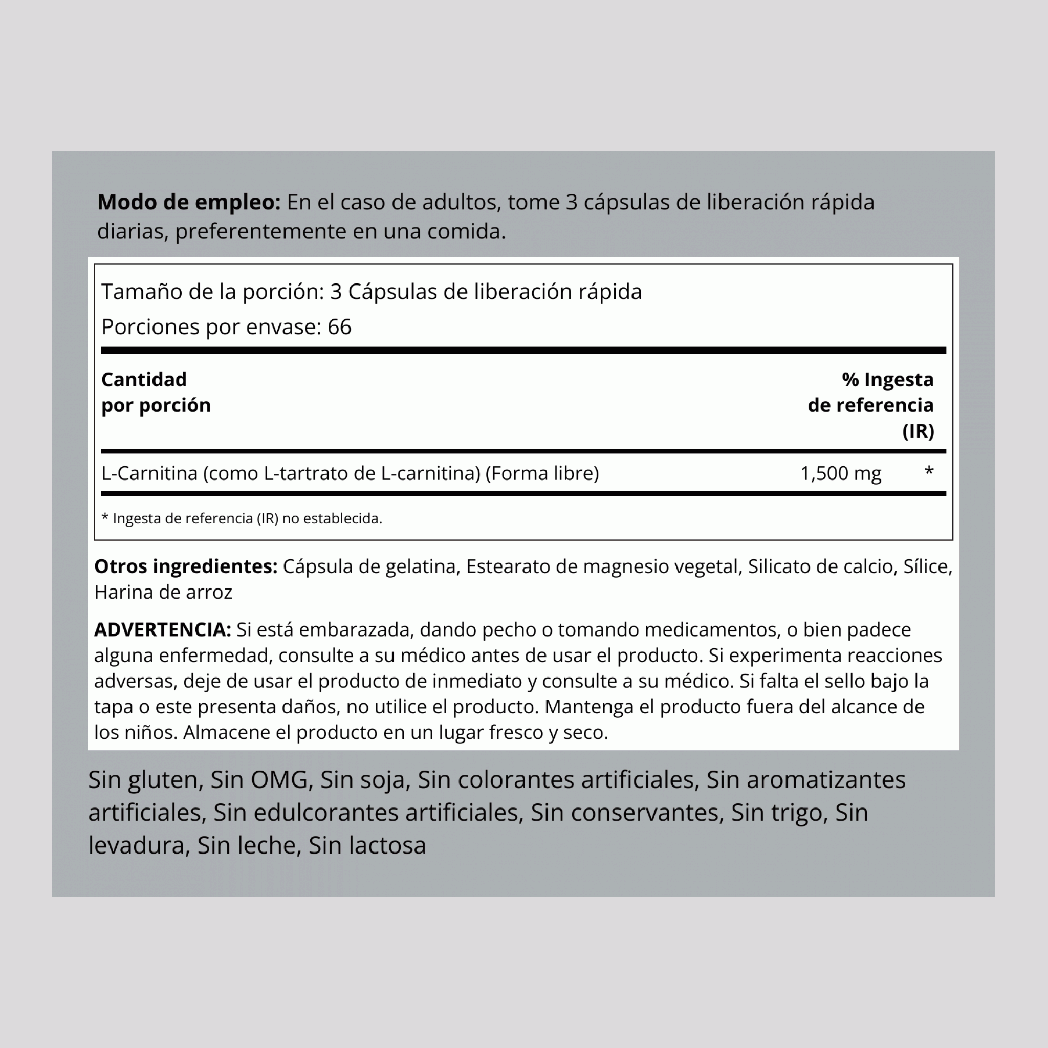 L-carnitina  1500 mg (por porción) 200 Cápsulas de liberación rápida     