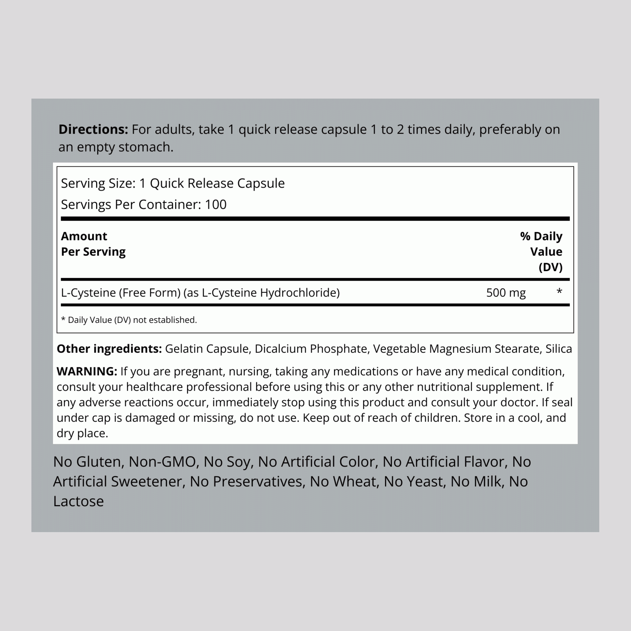 L-Cysteine, 500 mg, 100 Quick Release Capsules