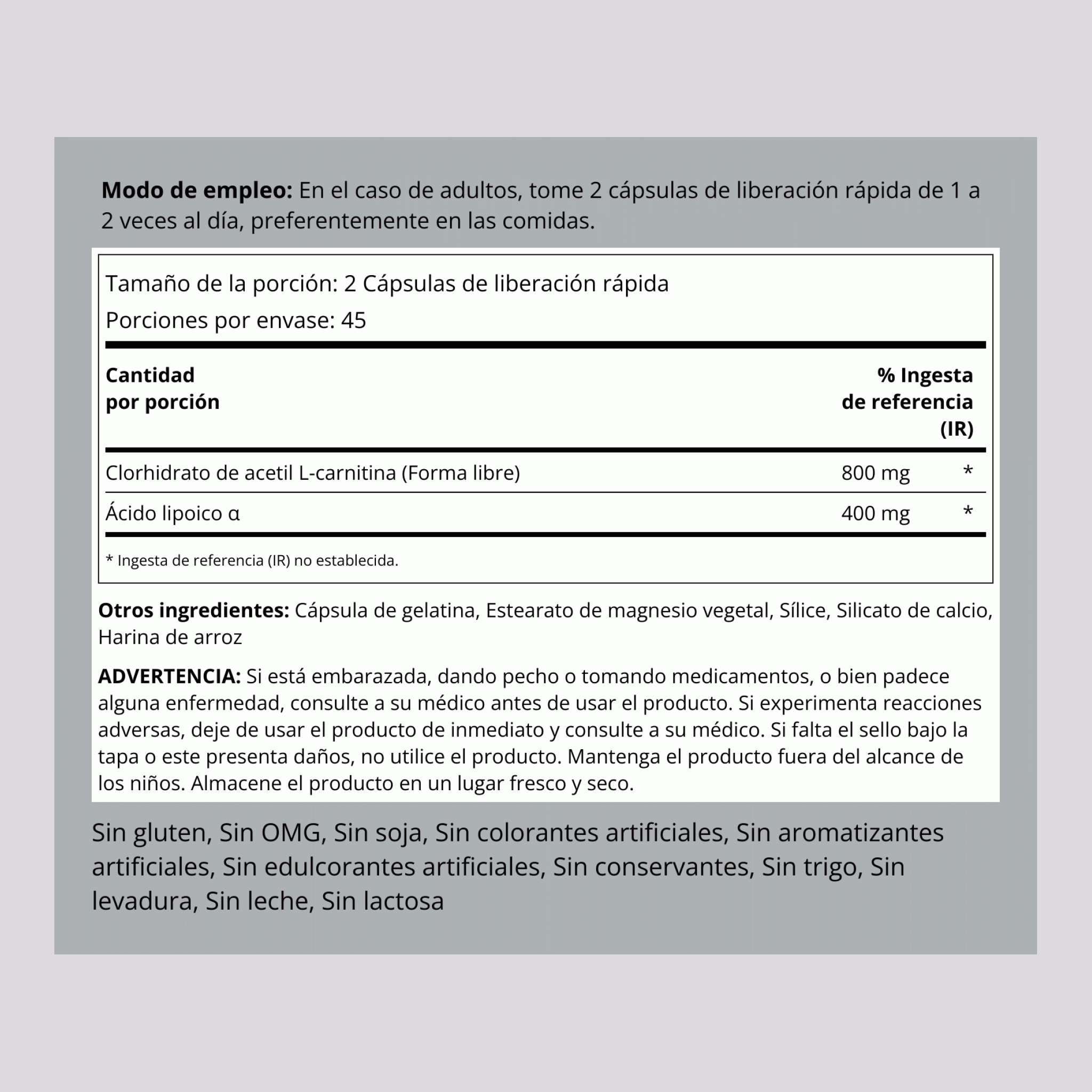 Acetil L-carnitina 400 mg y ácido alfa-lipótico 200 mg 90 Cápsulas de liberación rápida       