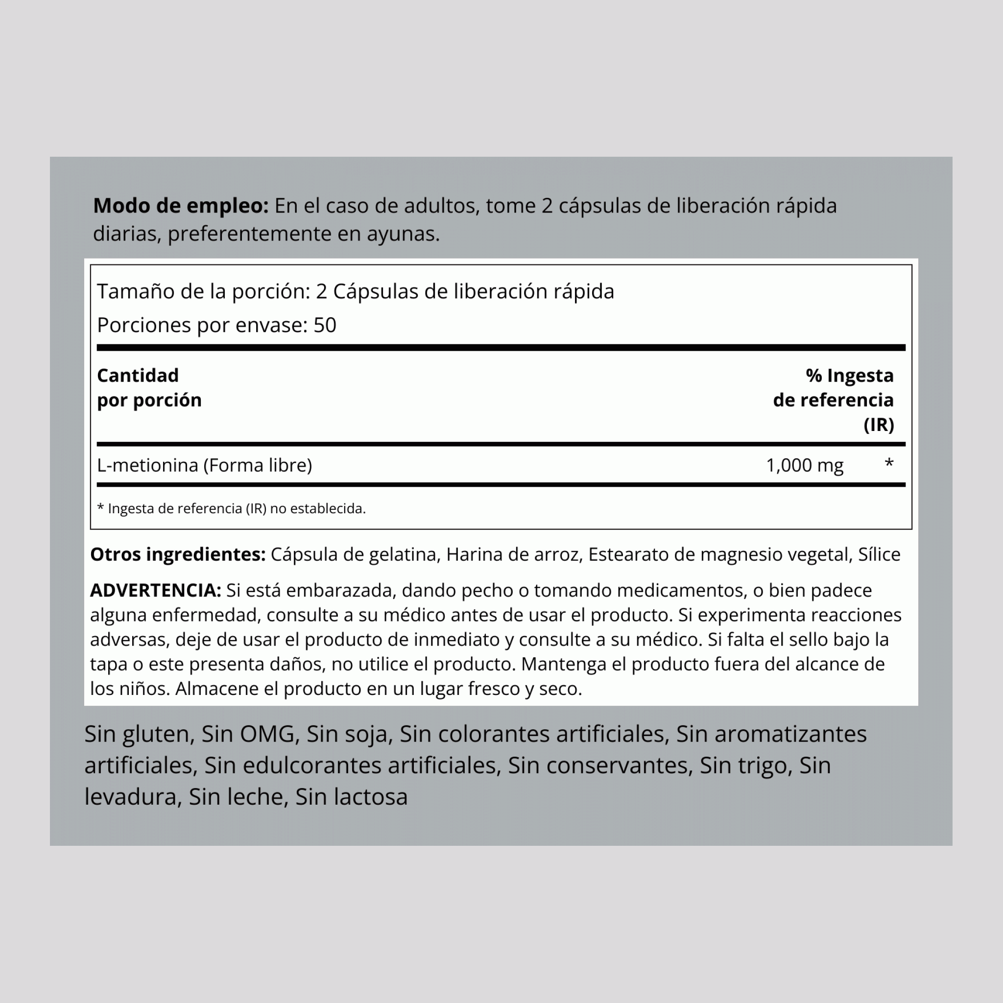 L-metionina  1000 mg (por porción) 100 Cápsulas de liberación rápida     