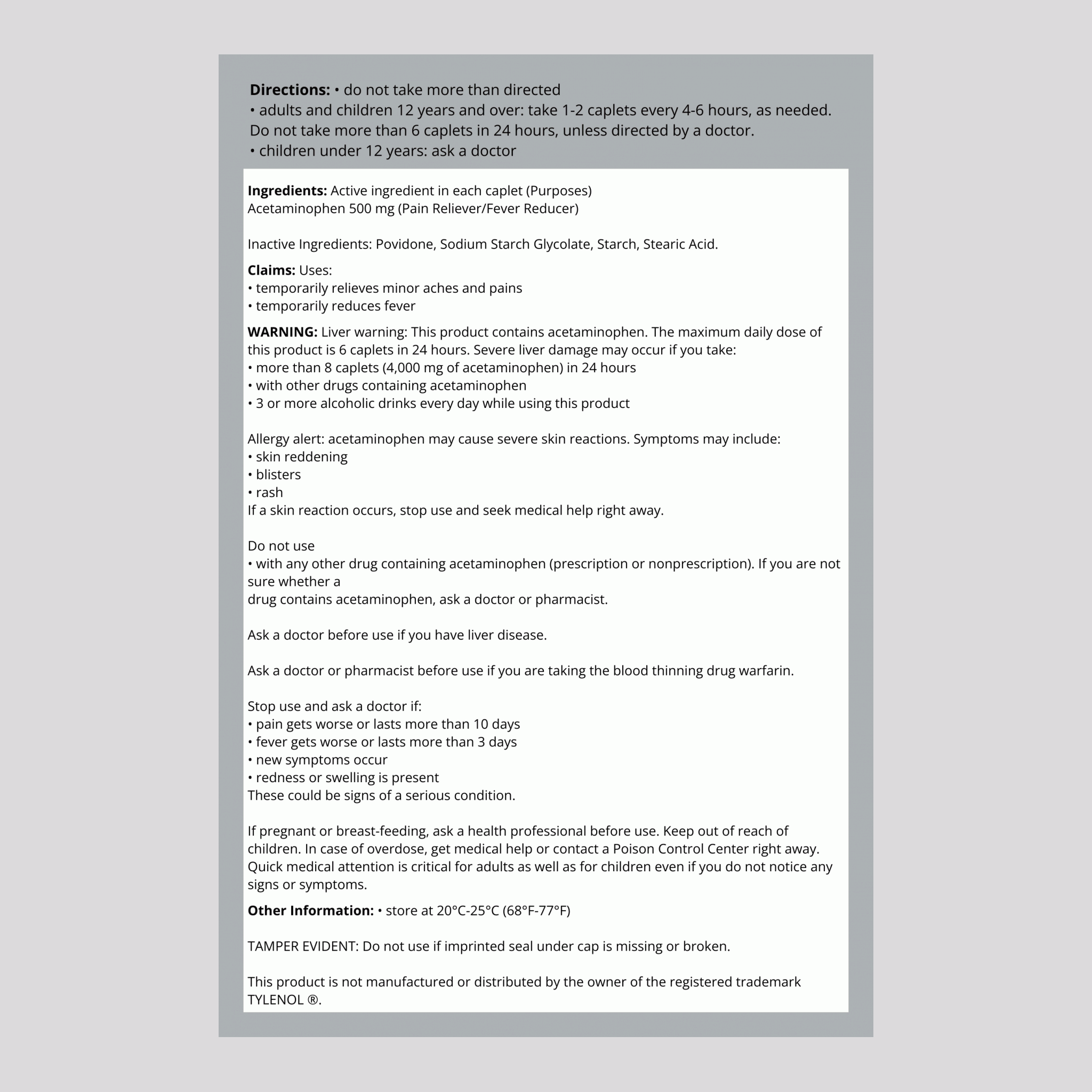 Acetaminophen 500 mg, Compare to TYLENOL , 100 Caplets