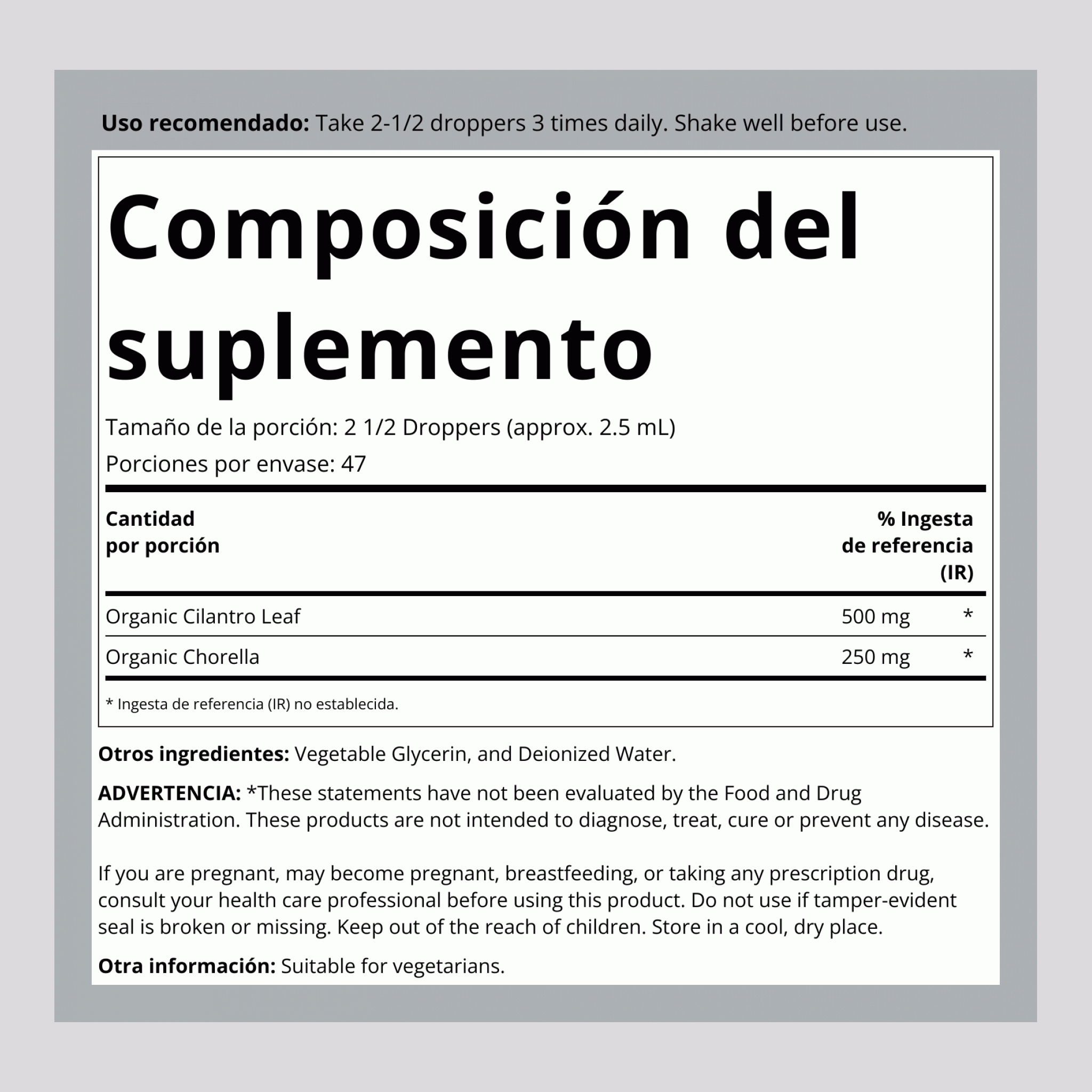 Eliminación de toxinas del metal a base de cilantro con clorela 4 fl oz 118 mL Frasco con dosificador    