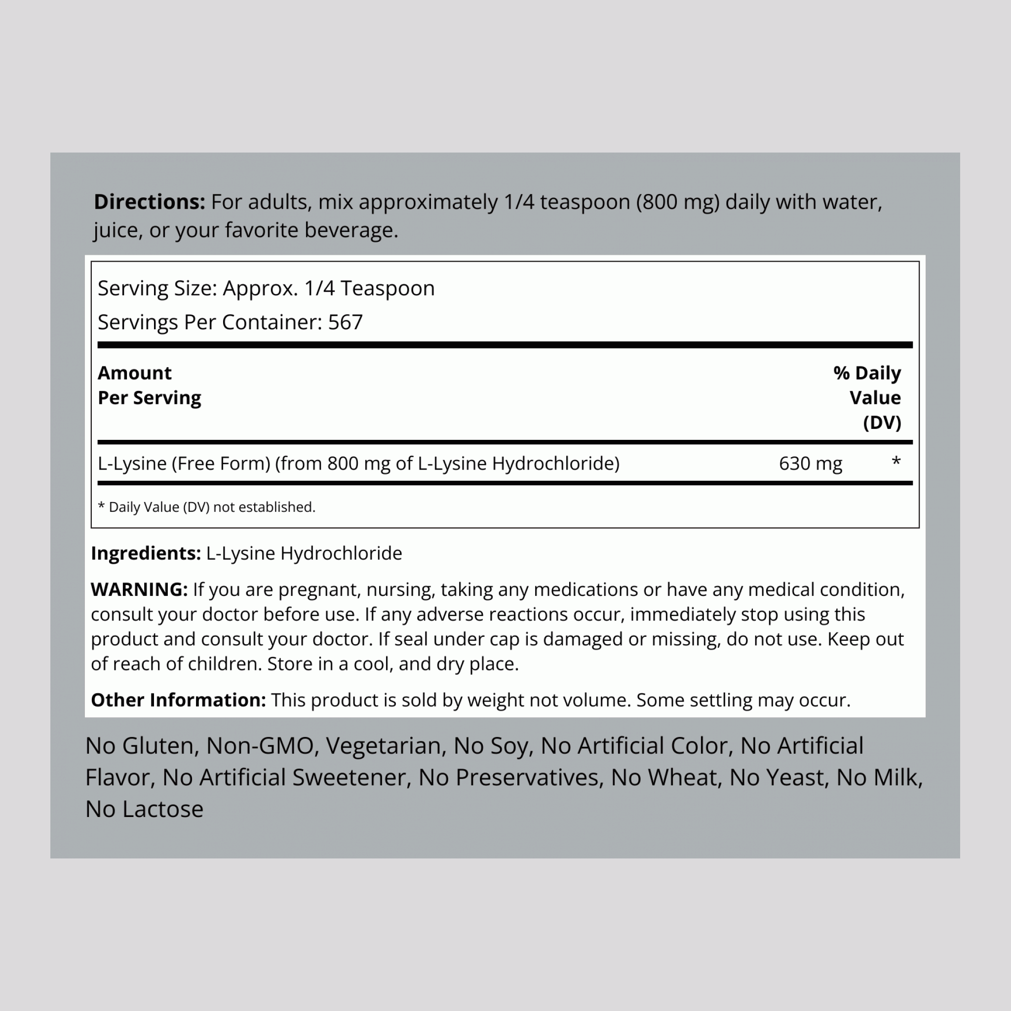 L-Lysine Powder, 1 lb (454 g) Bottle