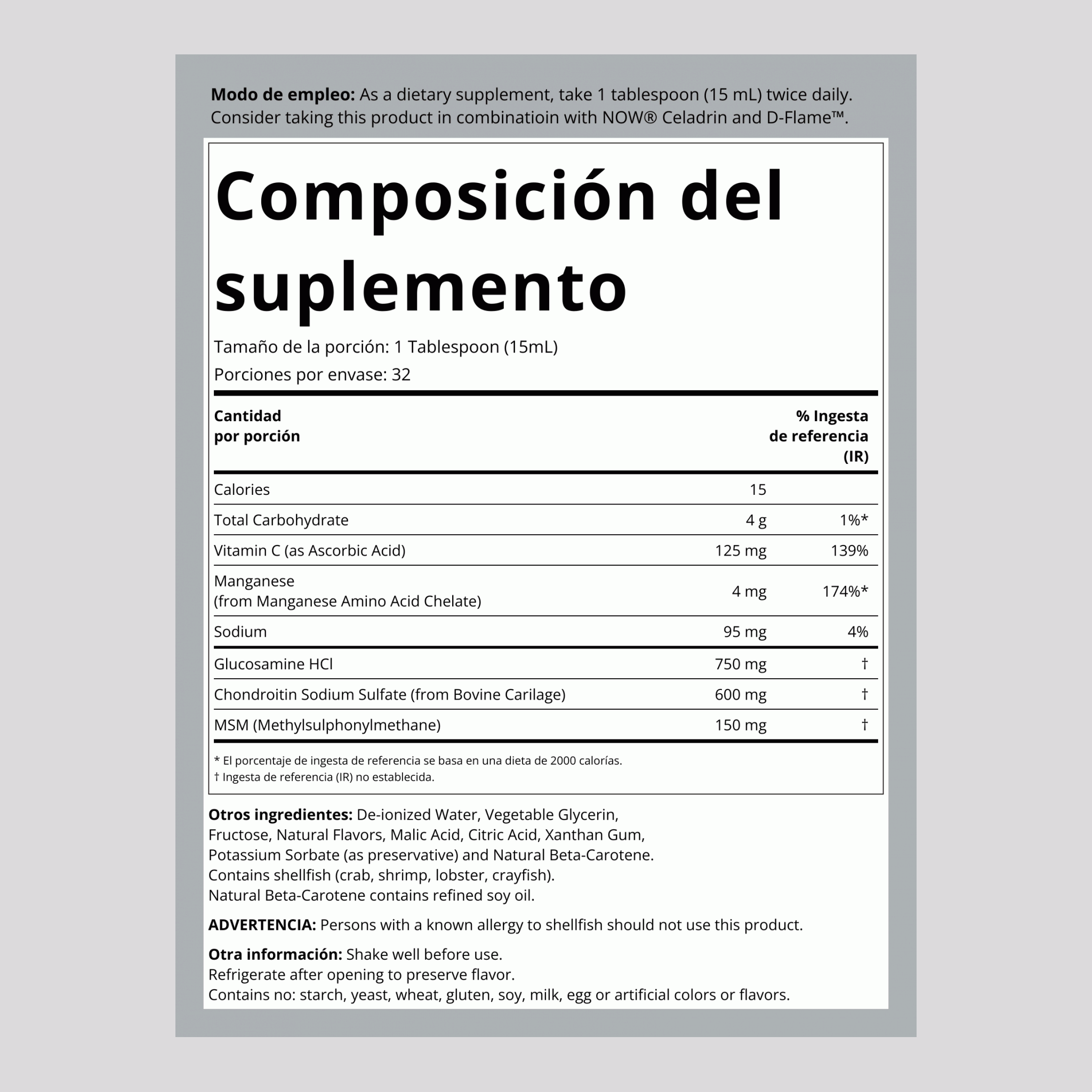 Glucosamina/Condroitina/MSM líquidos 16 fl oz 473 mL Botella/Frasco    