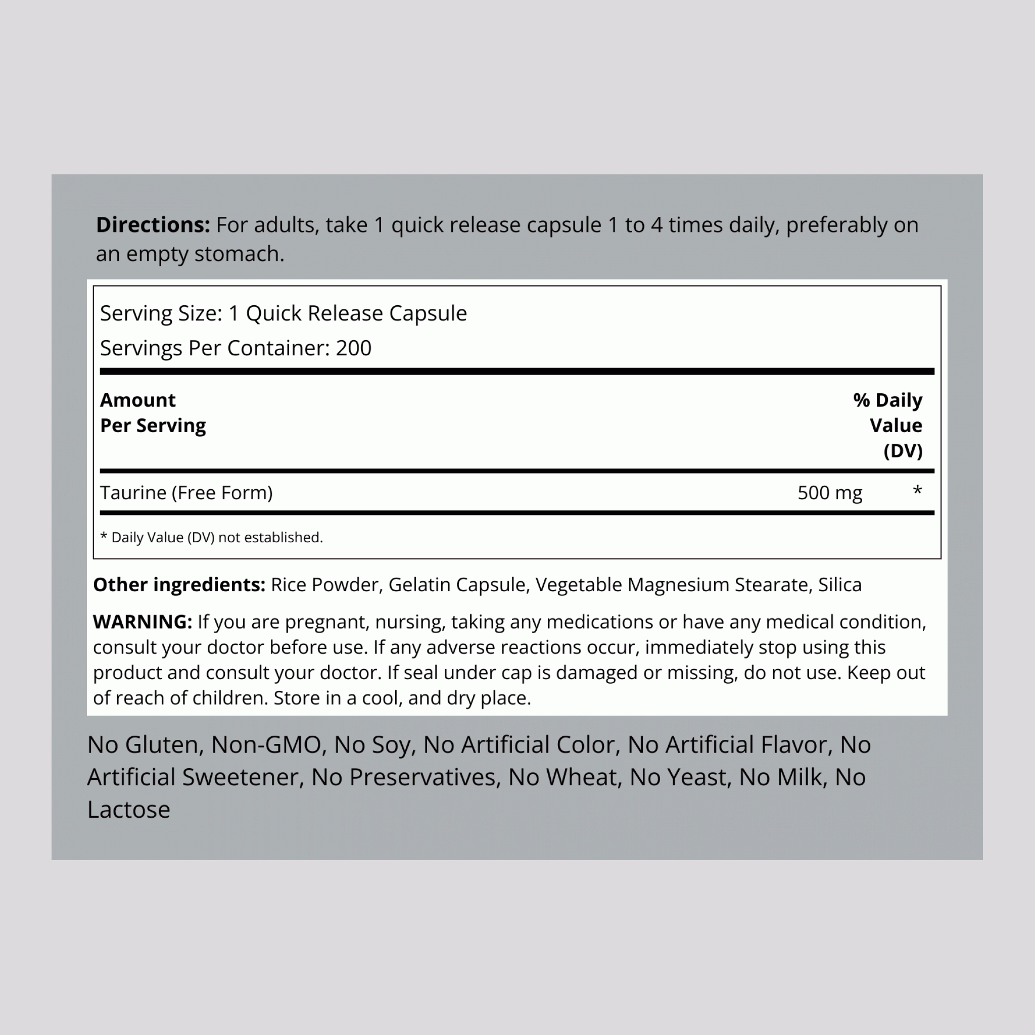Taurine, 500 mg, 200 Quick Release Capsules