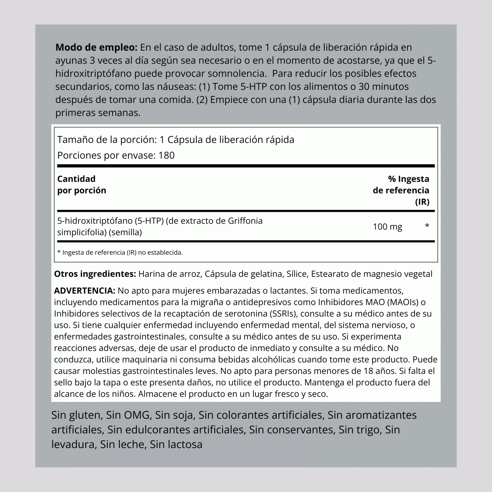 5-HTP  100 mg 180 Cápsulas de liberación rápida     