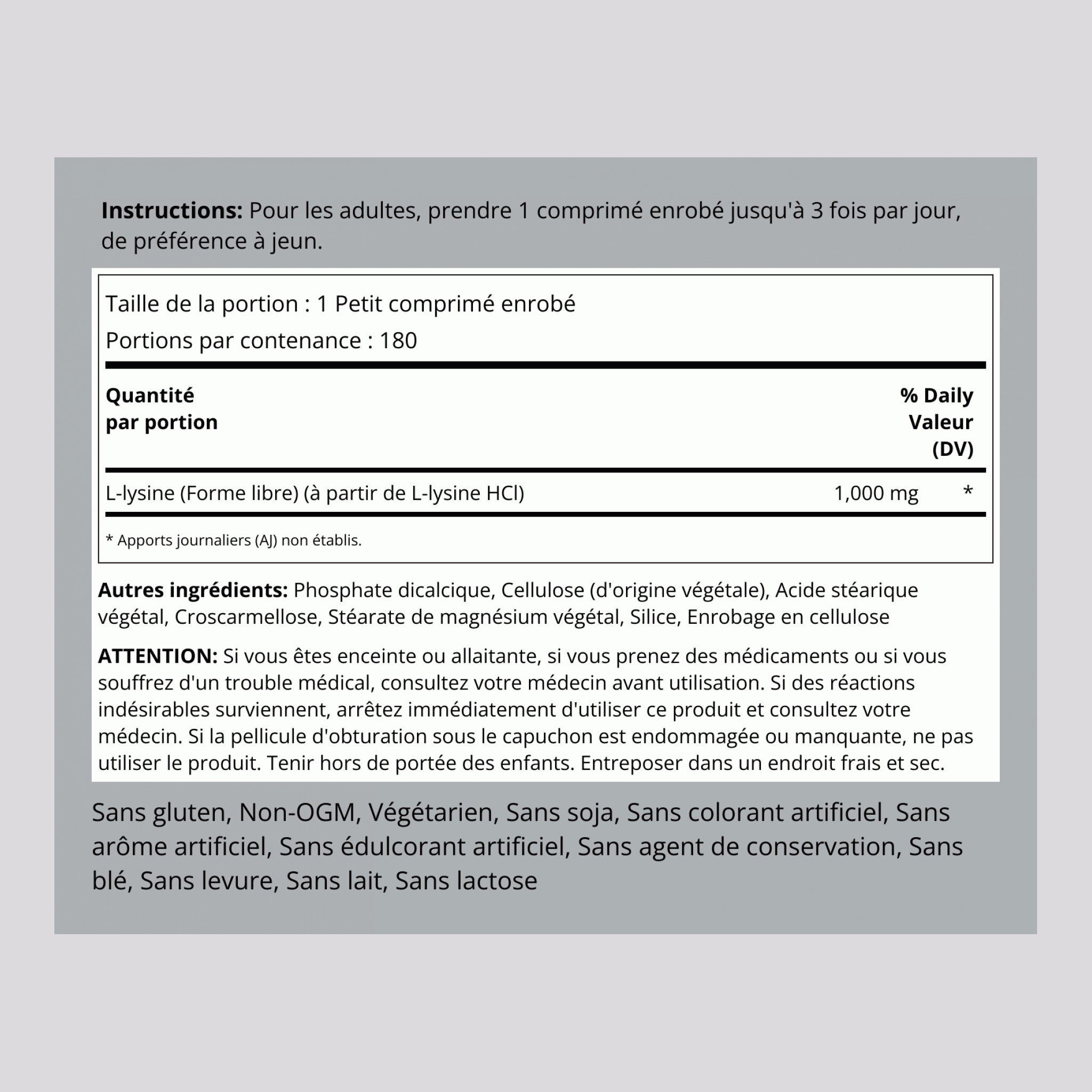 L-Lysine (Free Form), 1000 mg, 180 Coated Caplets