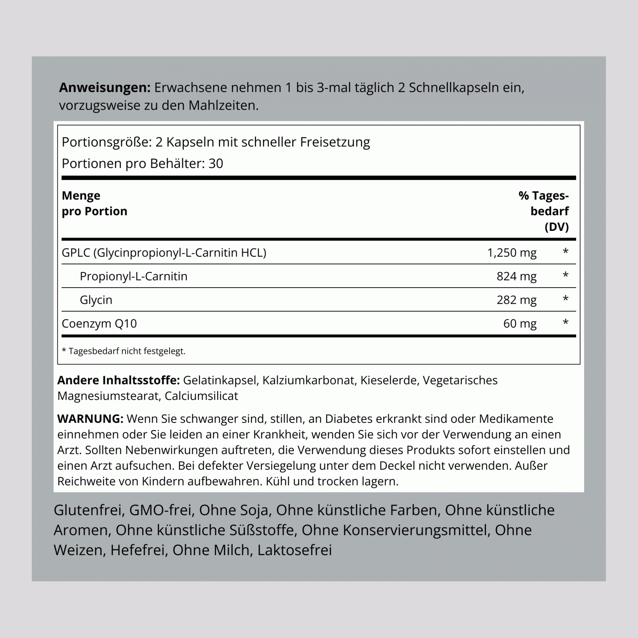 GPLC Glycine Propionyl-L-Carnitine HCl with CoQ10, 1250 mg (per serving), 60 Quick Release Capsules