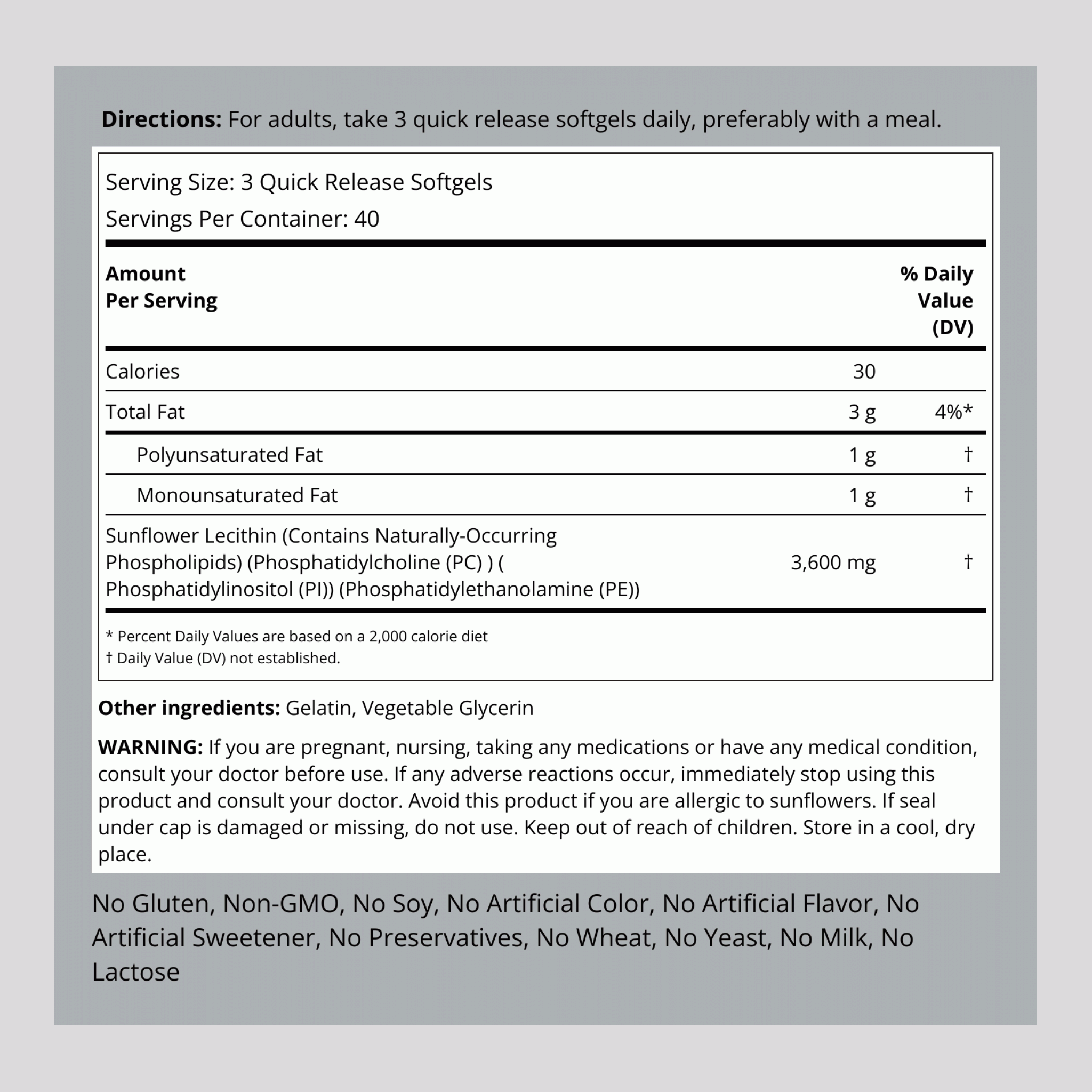 Sunflower Lecithin, 3600 mg (per serving), 120 Quick Release Softgels