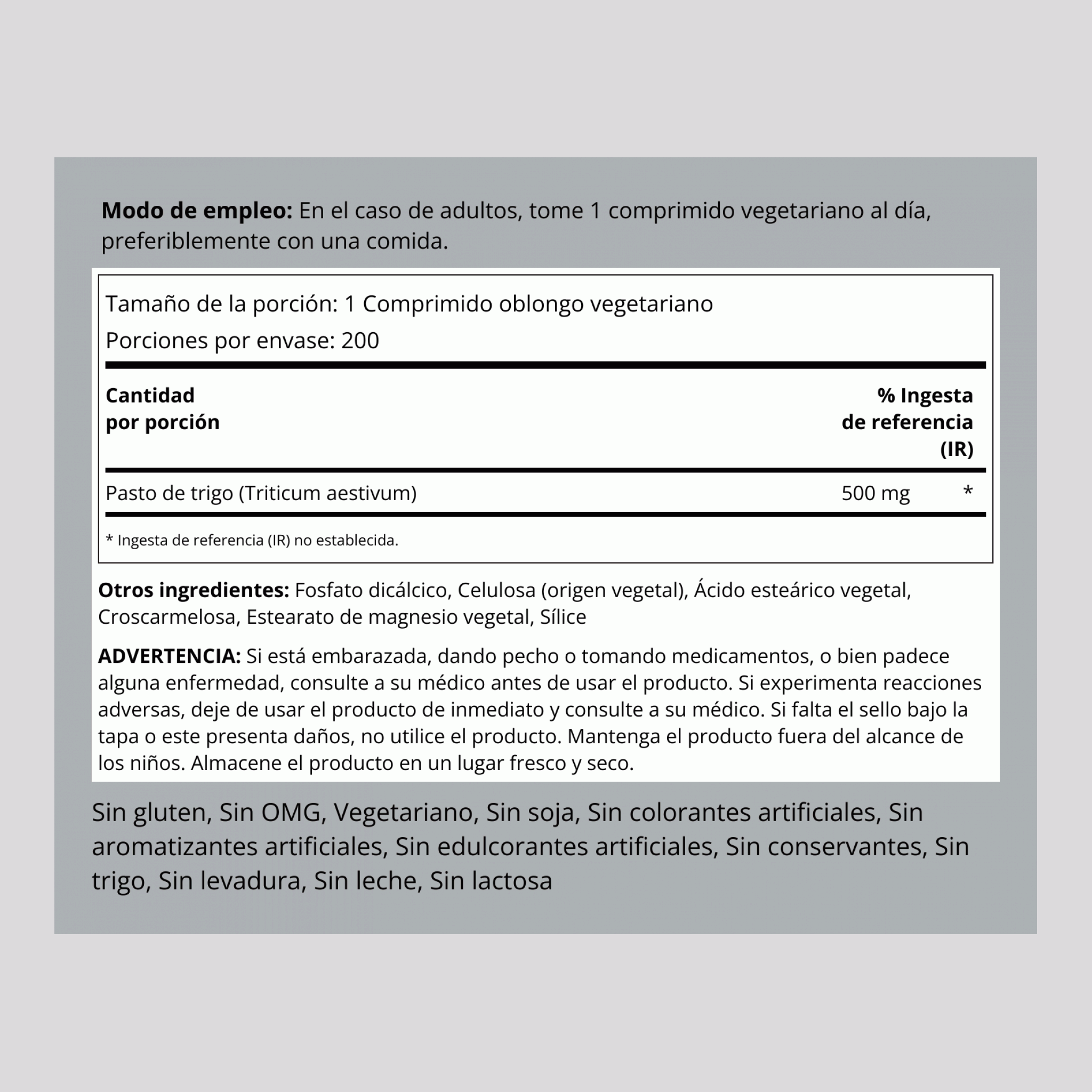 Hierba de trigo  500 mg 200 Vegetariana Comprimidos     