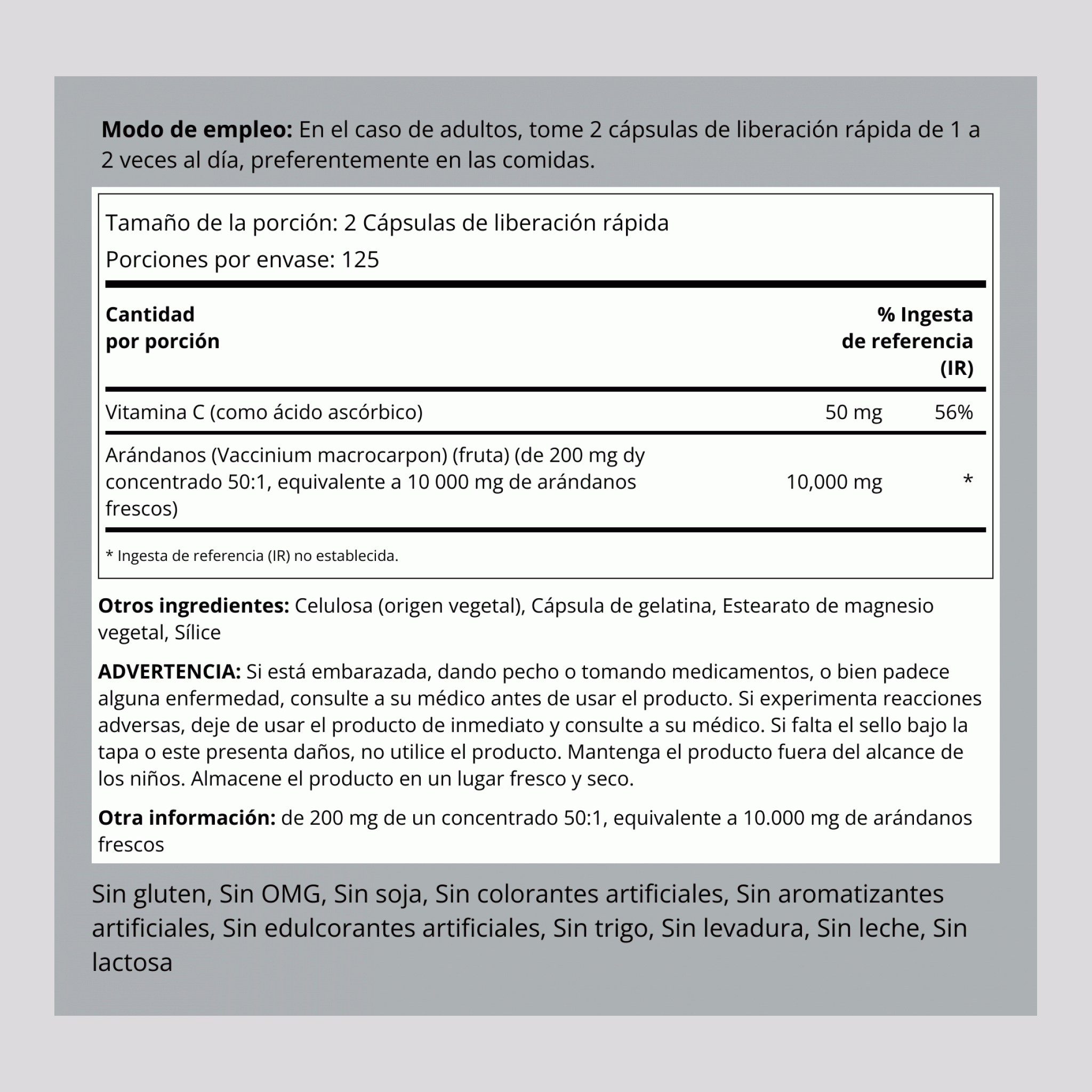 Concentrado de arándanos rojos + vitamina C 10,000 mg (por porción) 250 Cápsulas de liberación rápida     