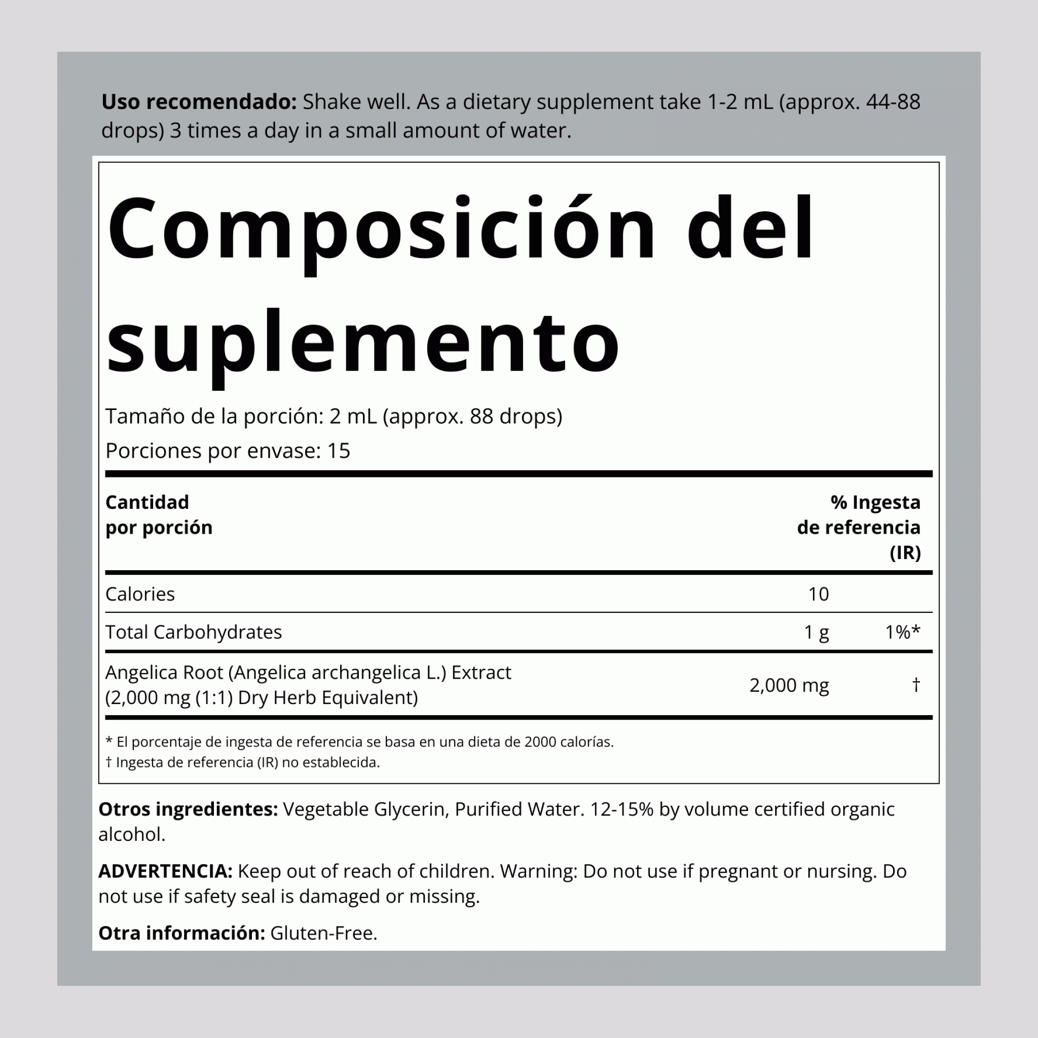 Extracto líquido de raíz de angélica 1 fl oz 30 mL Frasco con dosificador    