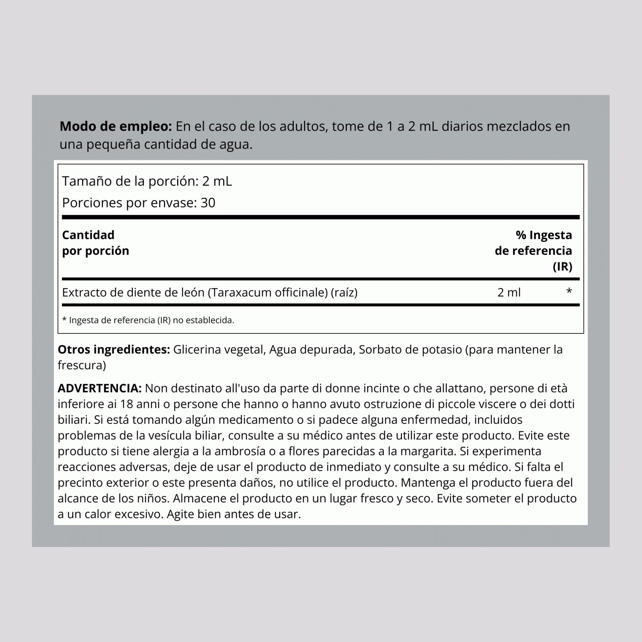 Extracto líquido de raíz de diente de león - Sin alcohol 2 fl oz 59 mL Frasco con dosificador    