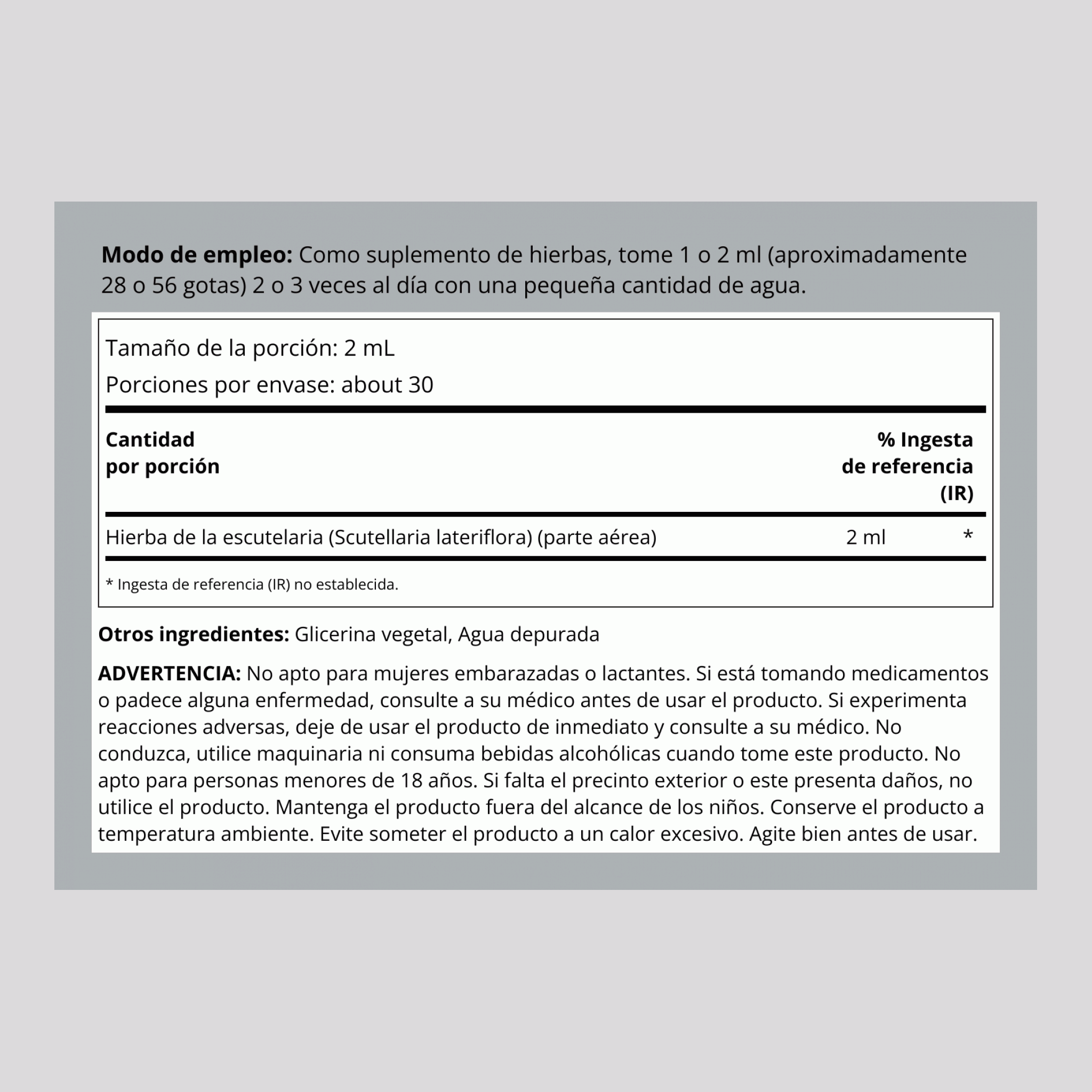 Extracto líquido de escutelaria Sin alcohol  2 fl oz 59 mL Frasco con dosificador    