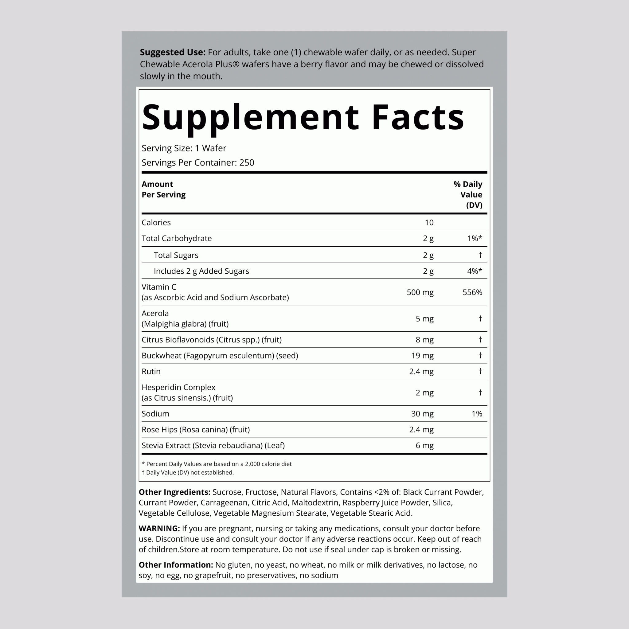 Super Acerola Plus Vitamin C  (Natural Berry), 500 mg, 250 Chewable Wafers