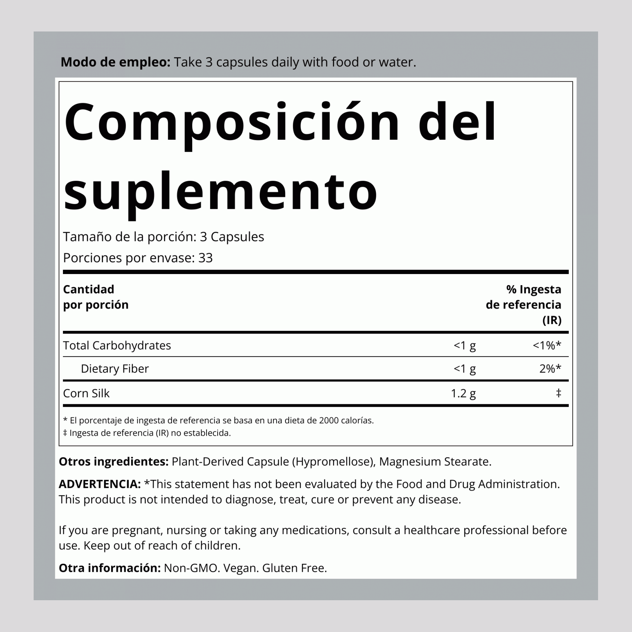 Seda de maíz 1200 mg (por porción) 100 Cápsulas vegetarianas     