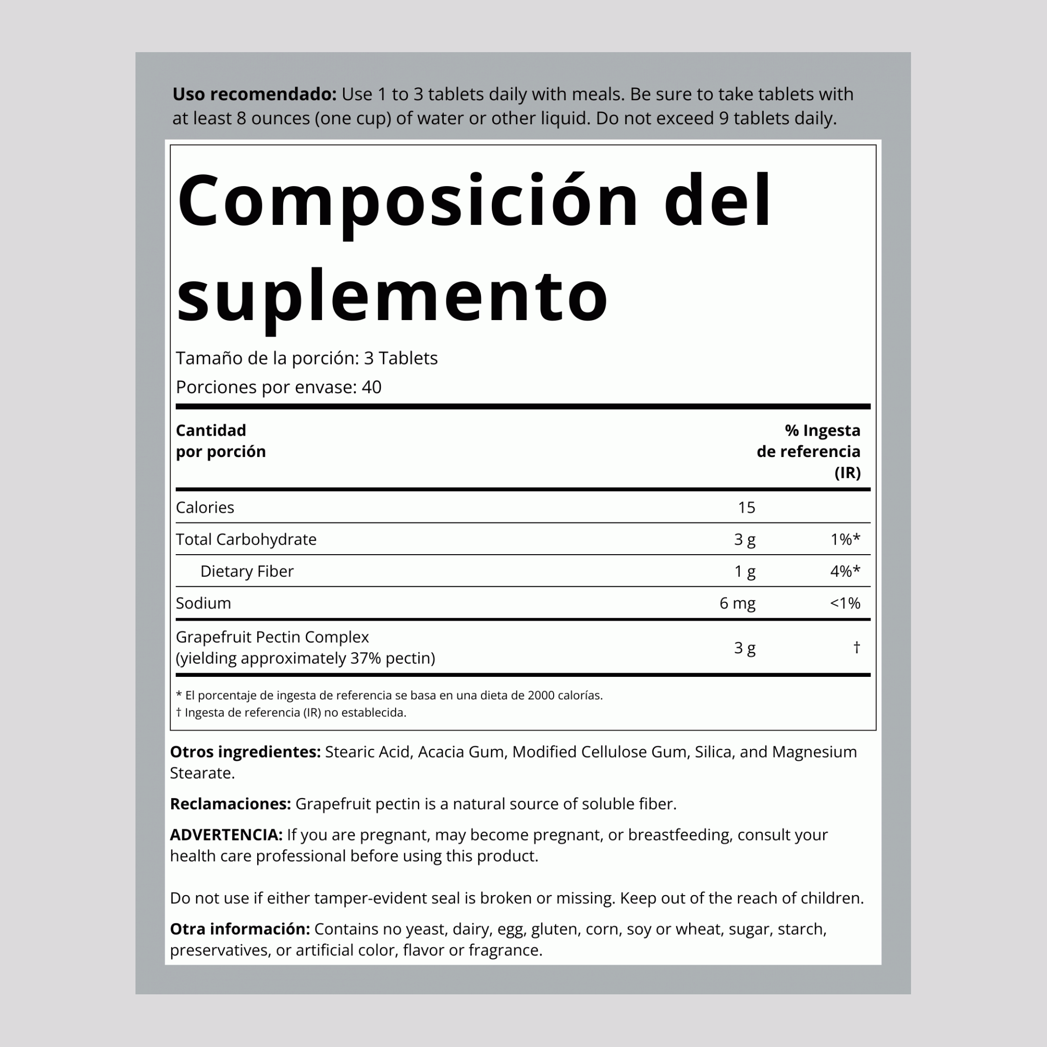 Pectina y pomelo  1000 mg 120 Tabletas     