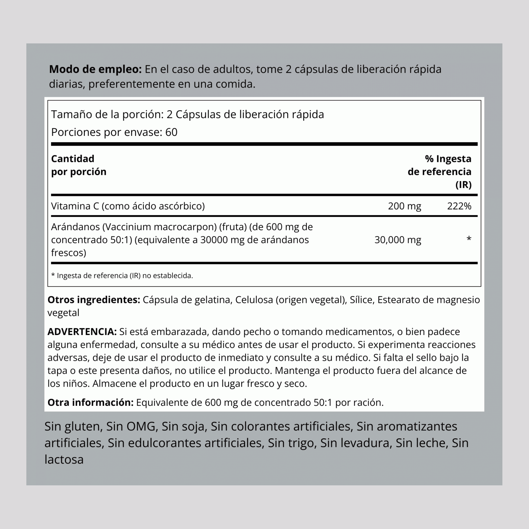 Arándano americano de triple concentración y vitamina C, 30000 mg (por dosis) 30,000 mg (por porción) 150 Cápsulas de liberación rápida     