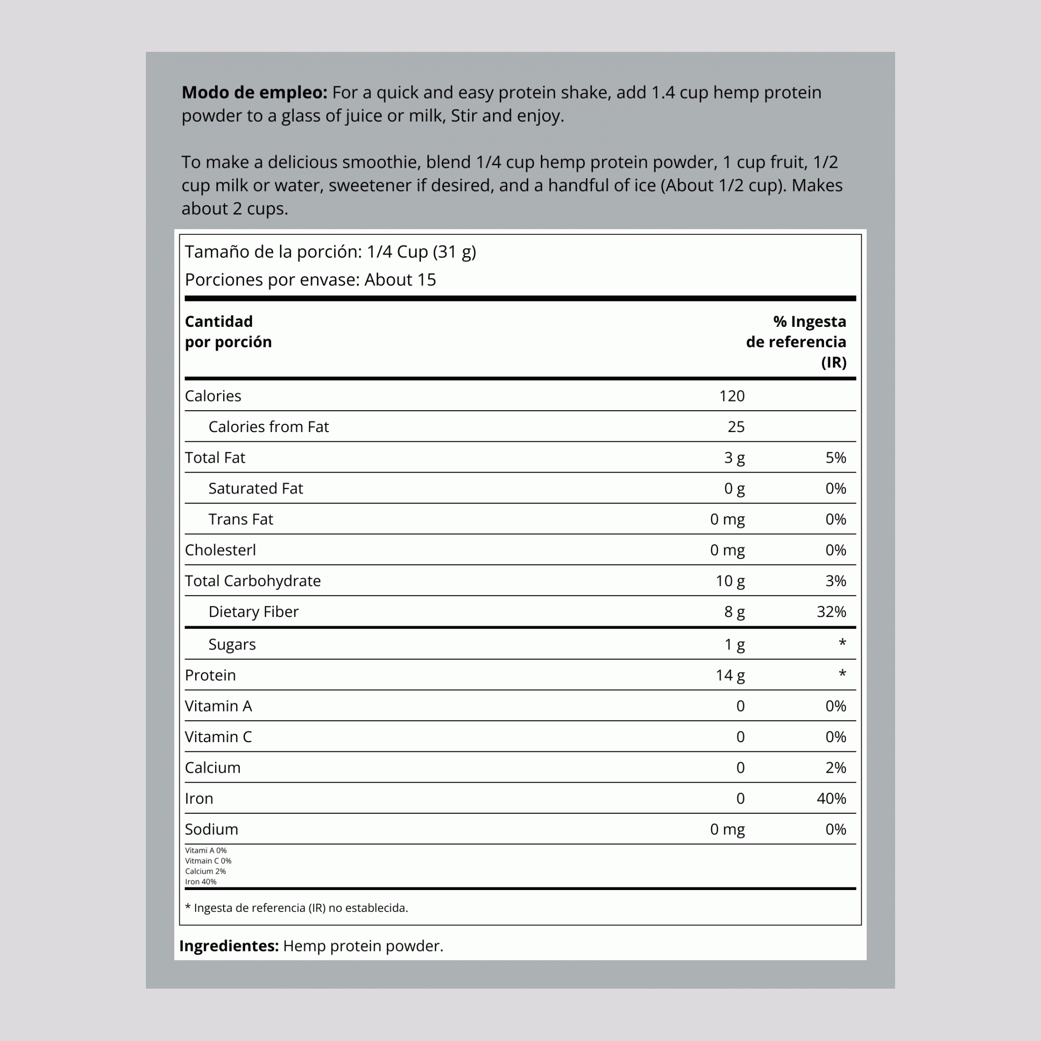 Polvo de proteína de cáñamo 16 oz Bolsa      